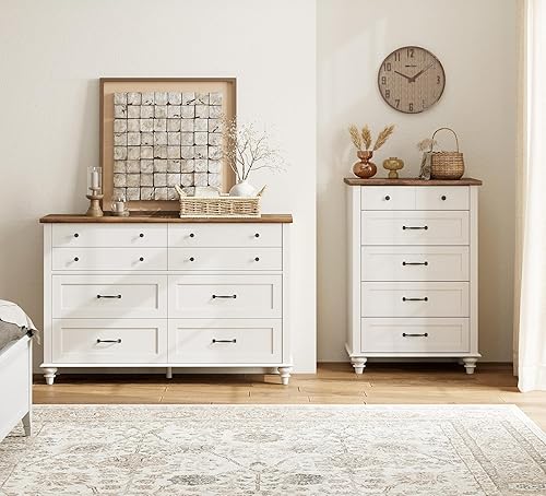 Miniatura 8 de Cómoda blanca para dormitorio con 5 cajones, cómoda alta para niños con cómoda ancha de cajones, organizador de almacenamiento de armario de madera