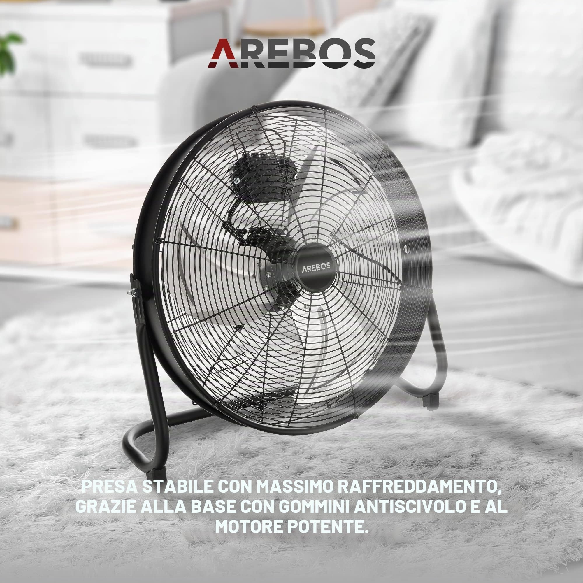 AREBOS Ventilatore da pavimento Ø50 cm | Ventilatore | 3 velocità | Elevata portata d'aria | Angolo di inclinazione regolabile a 100° | Nero