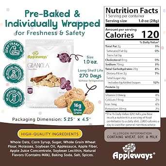 Appleways Whole Grain Granola Bites, 1 oz 20 Count - Crispy Nut Free Snacks for Office, School, Work & Grab-and-Go, Individually Wrapped, Lunchbox Friendly, Healthy Snacks for Adults & Kids