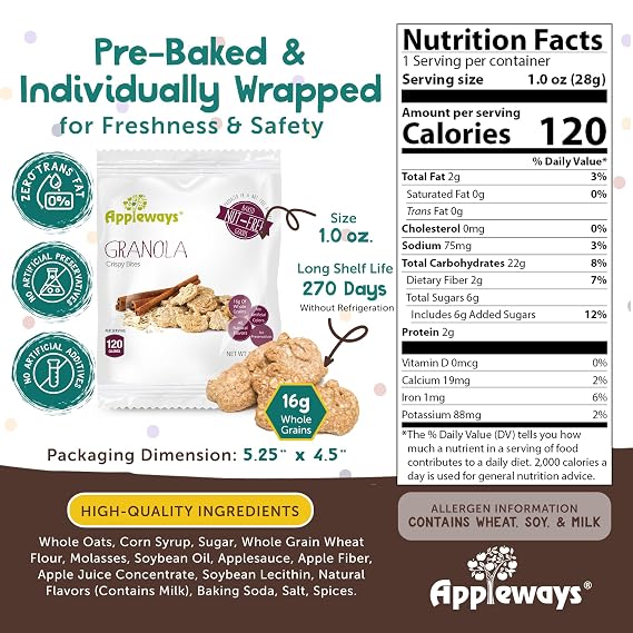 Appleways Whole Grain Granola Bites, 1 oz 20 Count - Crispy Nut Free Snacks for Office, School, Work & Grab-and-Go, Individually Wrapped, Lunchbox Friendly, Healthy Snacks for Adults & Kids