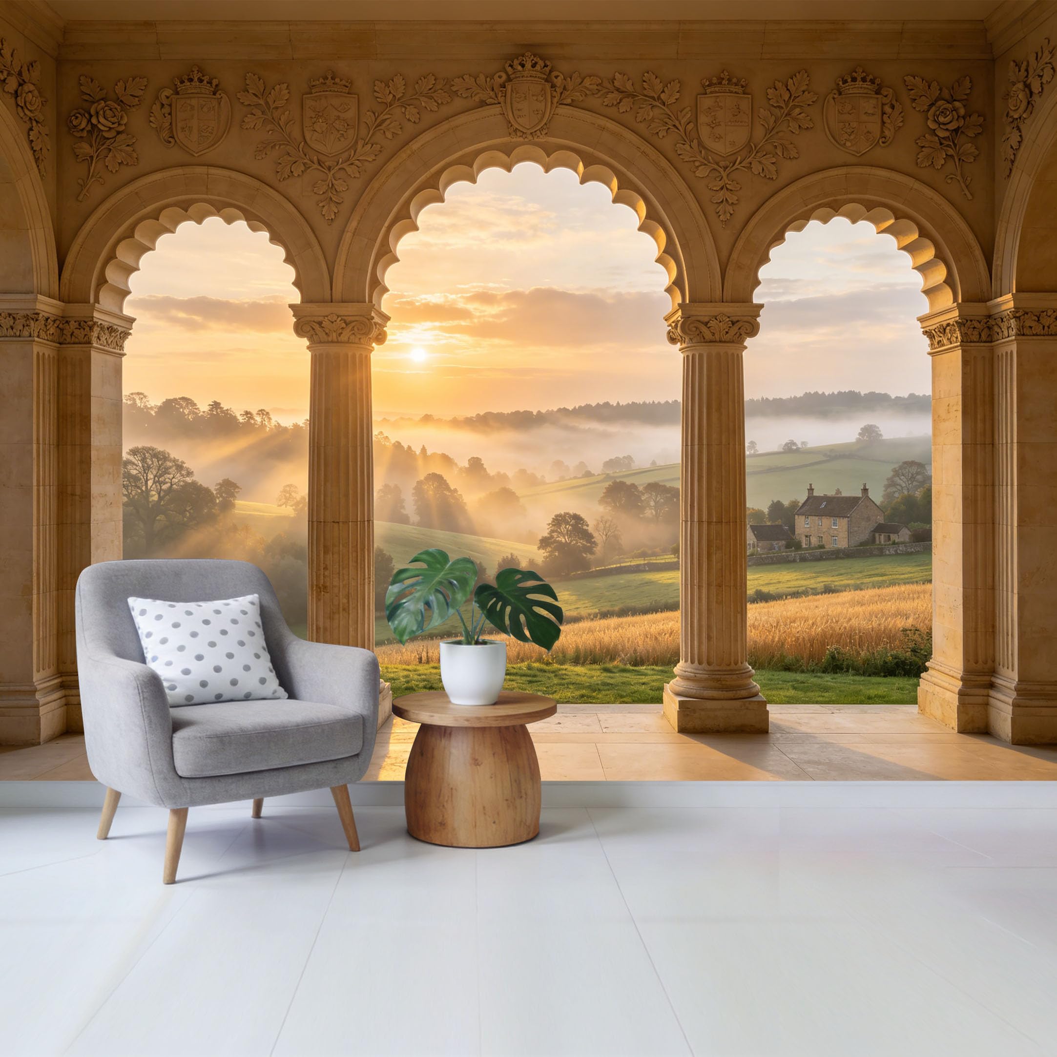 Removable Self Adhesive Fabric Mural， Neoclassical Stone Archway Landscape Custom Size Wall Covering， UV Protected Waterproof Washable Wall Decor for Living Room Bedroom Bathroom
