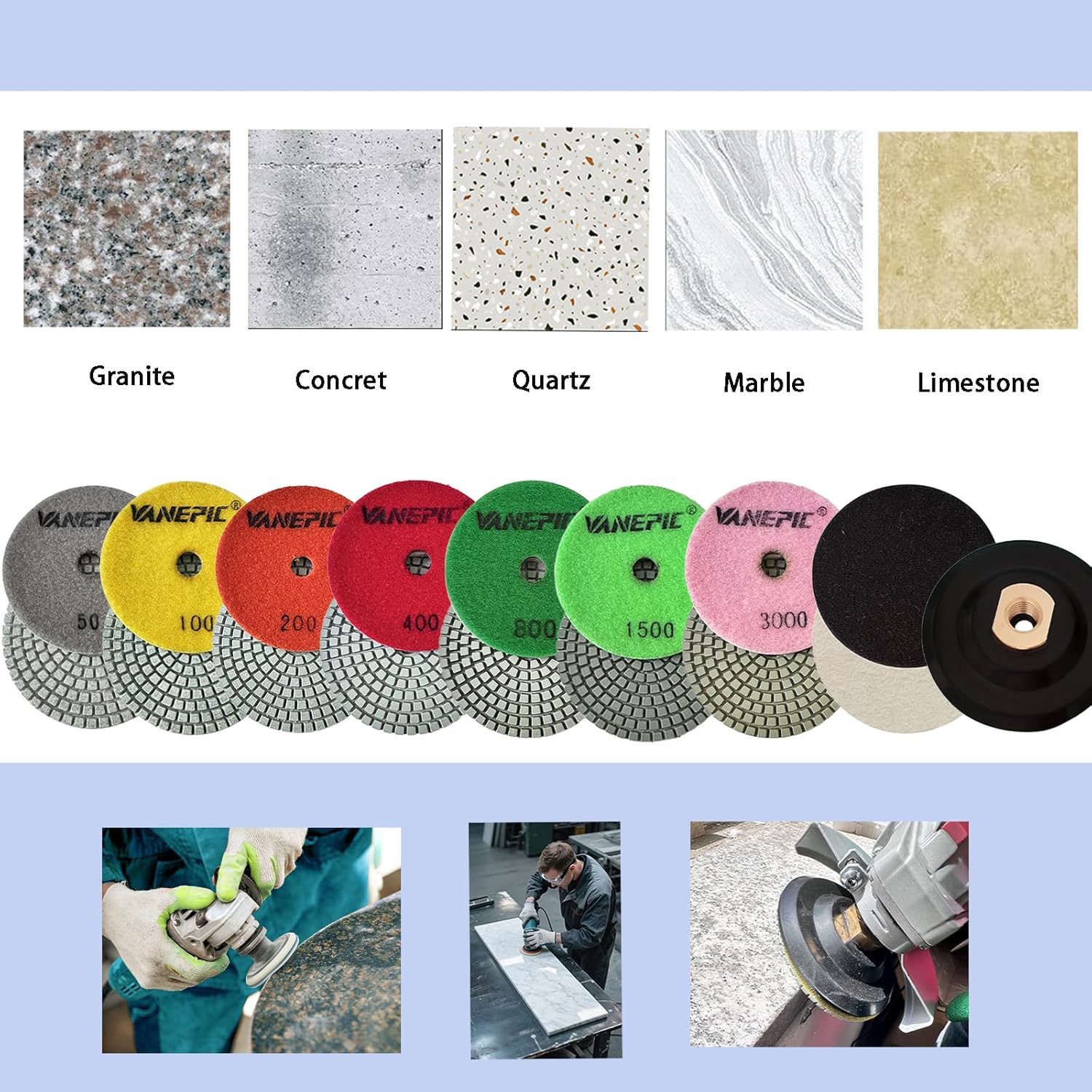 4 Inch Diamond Polishing Pads Marble polishing kit 50-3000 Wet/Dry Set 12 Pieces for Drill Grinder Polisher for Concrete Marble Quartz Stone Countertop Granite polishing refurbishment