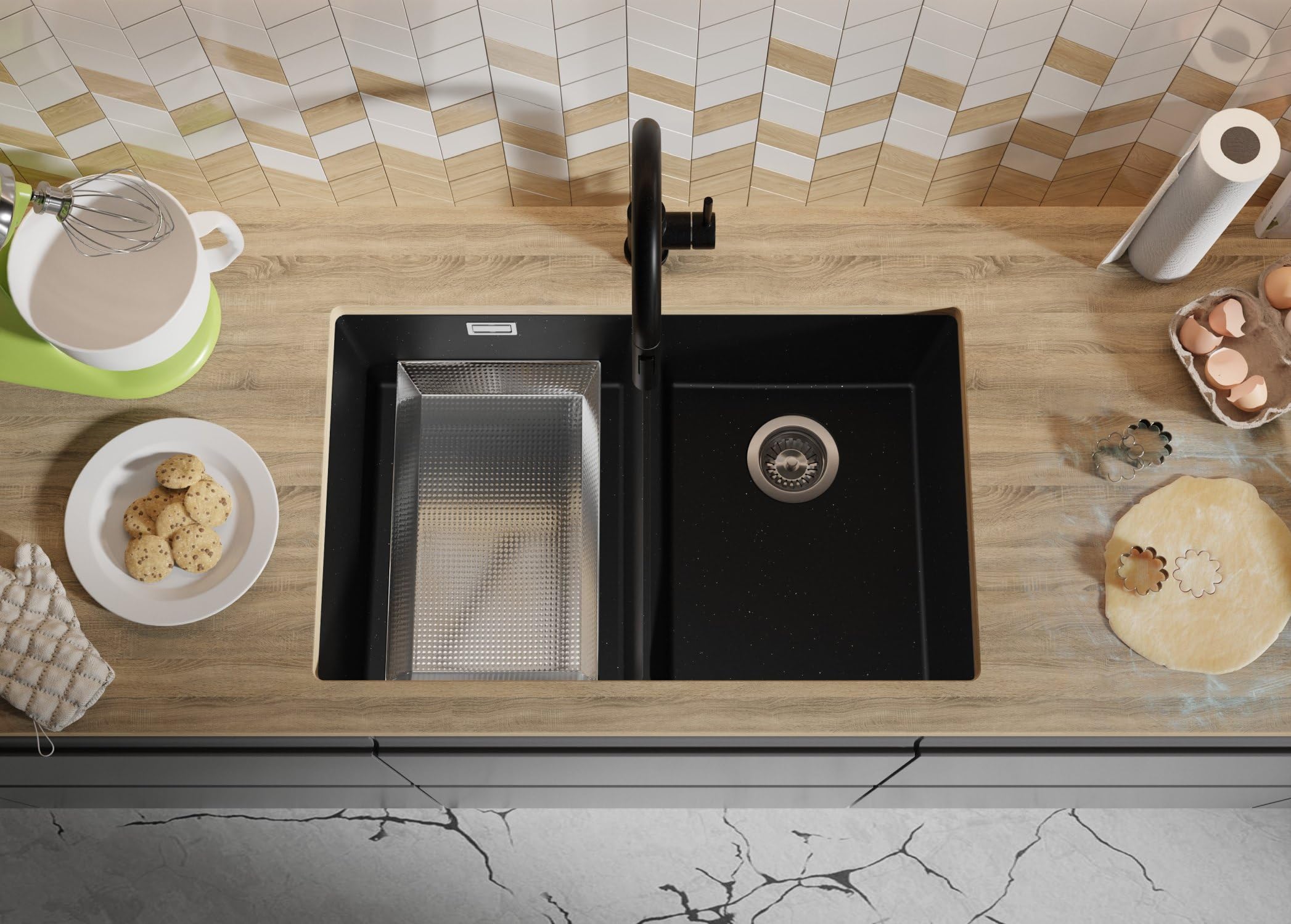 PRIMAGRAN Fregadero bajo Encimera Negro Metallic - London Twin, 76x47cm | Cocina 2 Senos + Sifón, Granito al Mueble 80cm (S004)