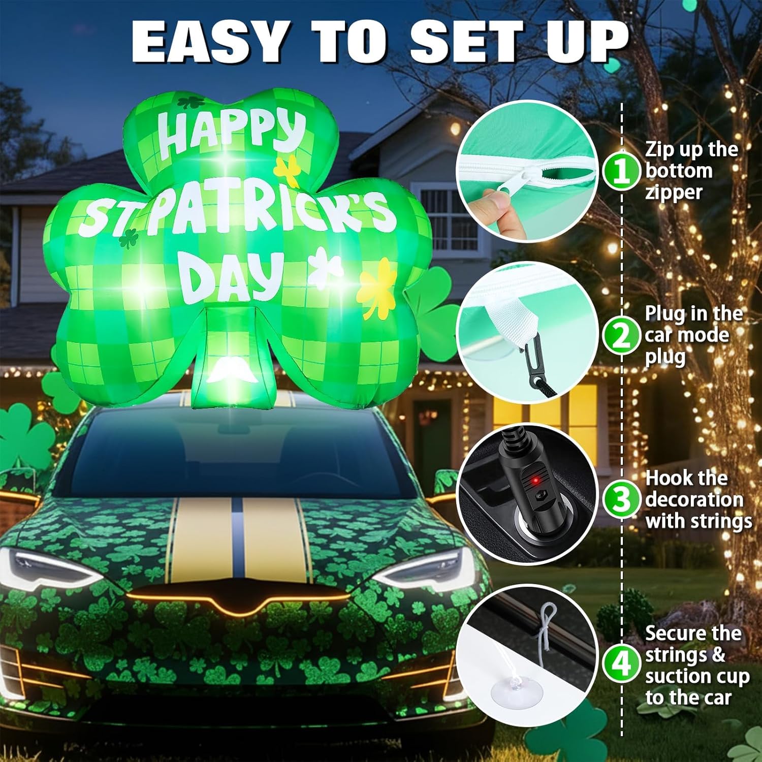 St Patricks Day Inflatables Outdoor Decorations, 5.2 FT Long Blow Up St. Patrick’s Day Lucky Shamrock Car Decoration, Built-in LED Lights Patrick Holiday Decor for Roof Outside Yard Lawn Garden