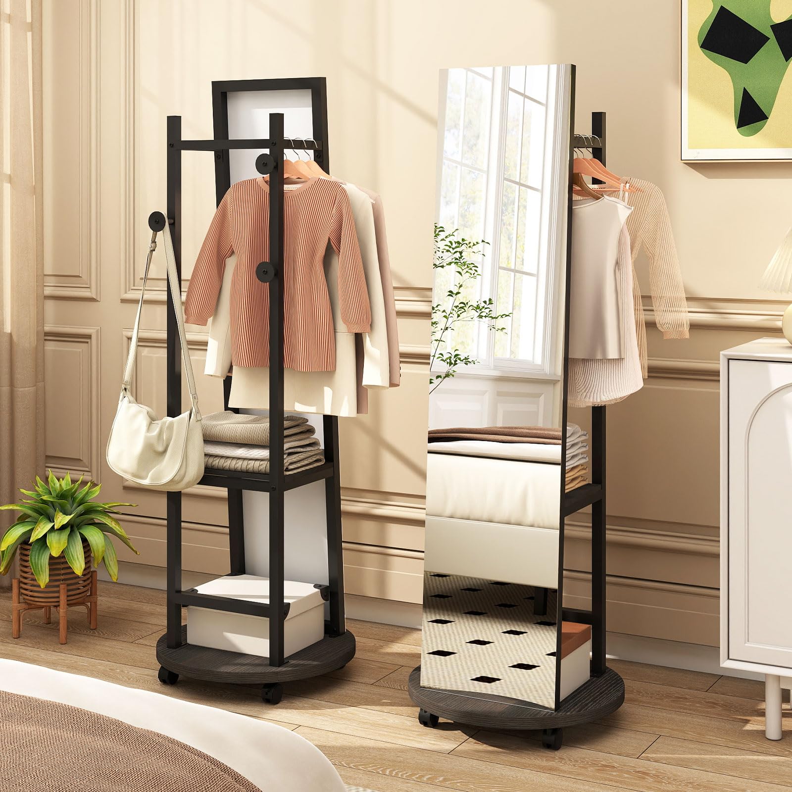 GIANTEX Specchio a figura intera, specchio da terra con appendiabiti, 45 x 135 cm, grande specchio con vetro infrangibile, ganci, ripiani, ruote, per ingresso, soggiorno, camera da letto (nero+noce)
