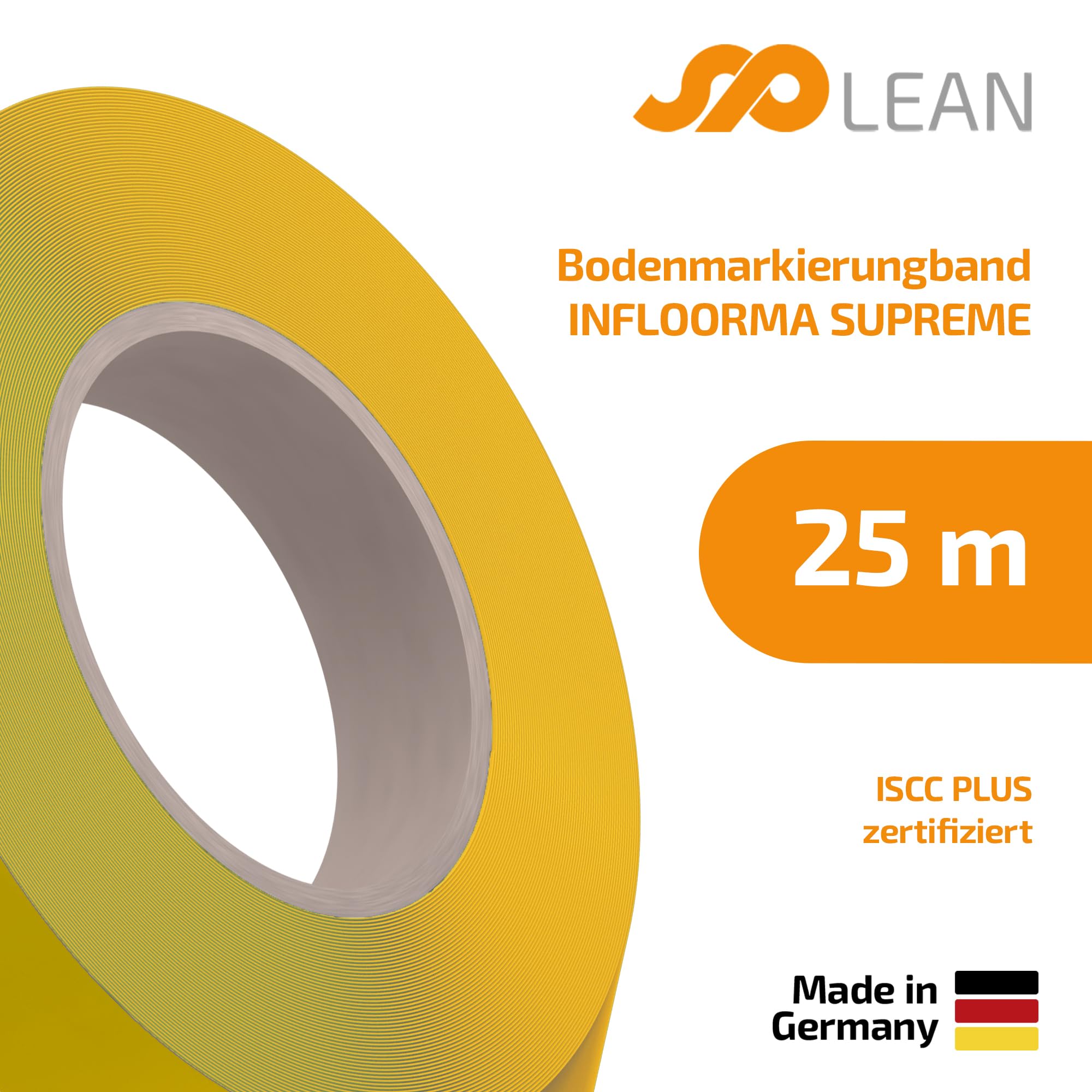 spLEAN INFLOORMA SUPREME Bodenmarkierungsband 25 m, Breite 50 mm, gelb, Markierungsband selbstklebend, für Innenbereich, geeignet für häufigen Staplerverkehr