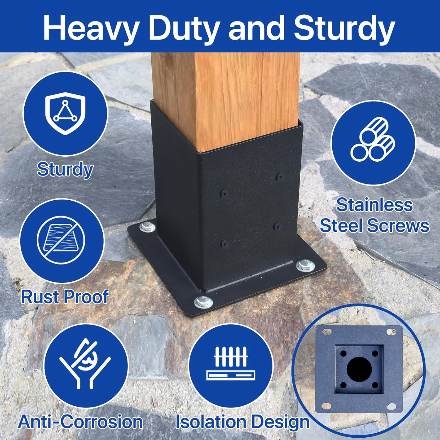 4x4 Post Base 4Pcs(Inner Size 3.55"x 3.55")Concrete Post Brackets Anchors 13 Gauge Thick Solid Steel Heavy Duty Stainless Steel Screws Black Powder Coated for Pergola,Decking,Railing,Mailbox