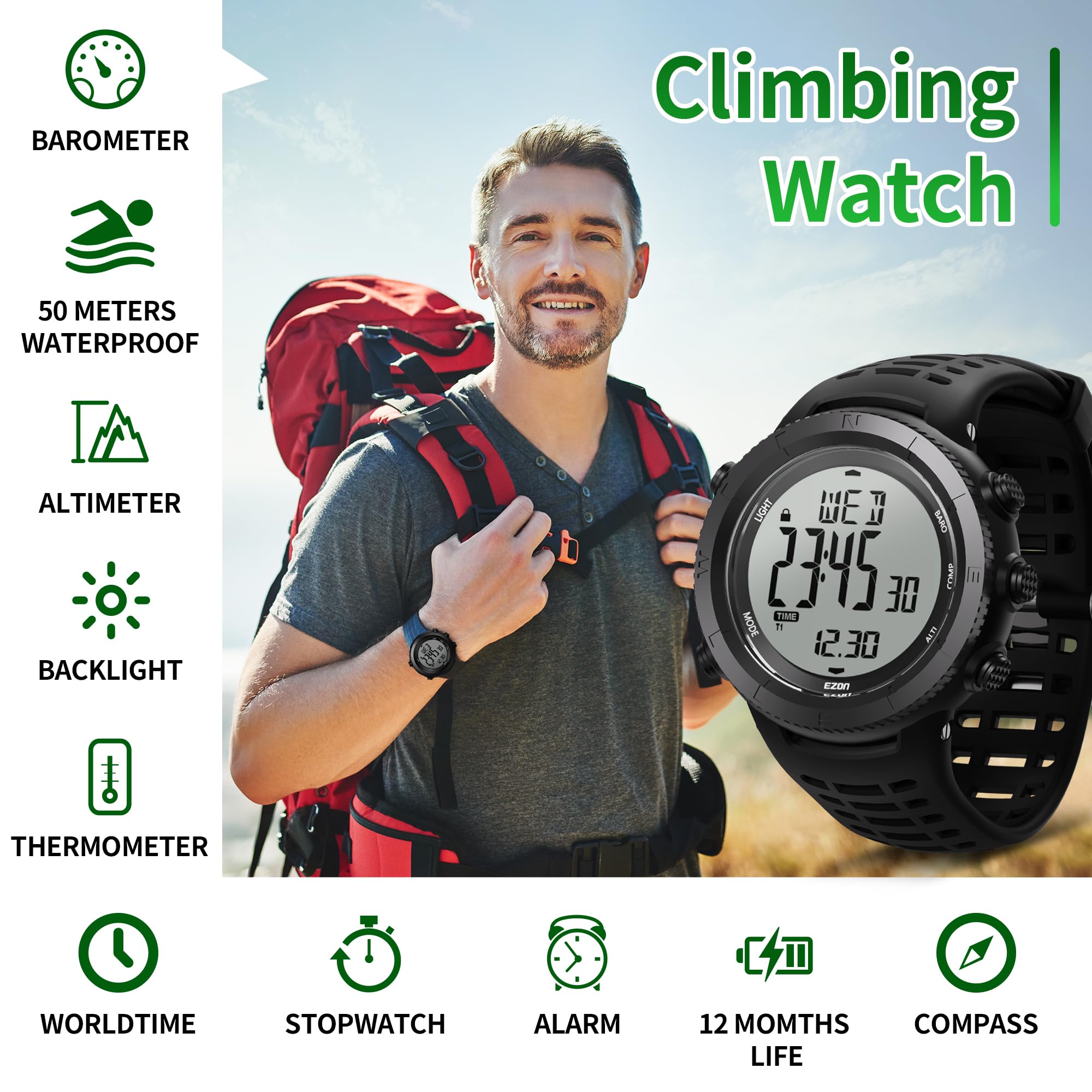 EZON H001 Orologio digitale militare da uomo, orologio tattico per attività all'aria aperta, con altimetro, barometro, bussola, termometro, alba/tramonto, timer, ideale per escursionismo, trekking e