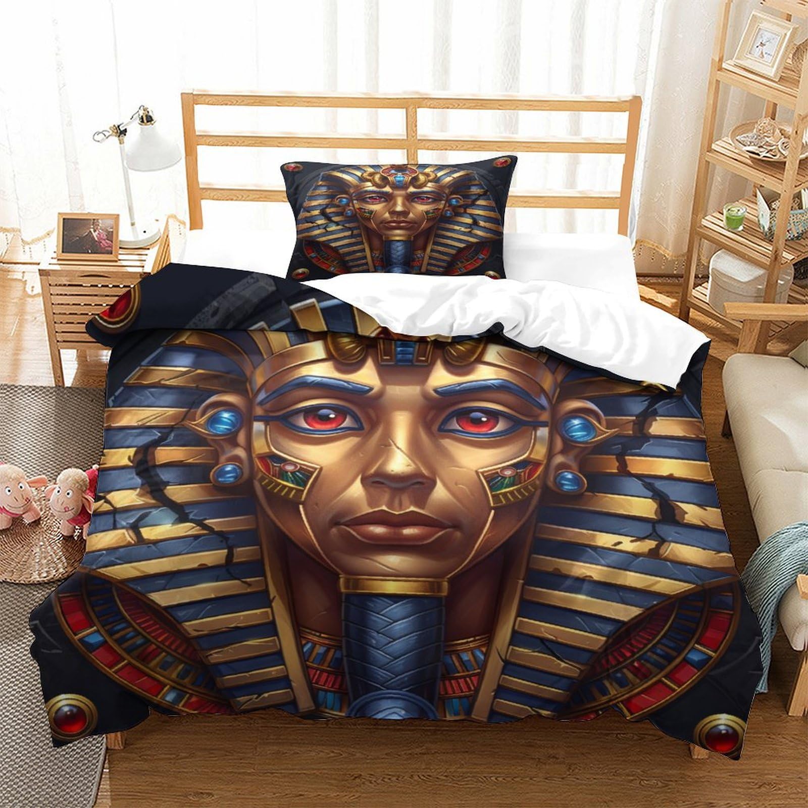 P1S9U7W5Y Egyptian Pharaoh Motif 3D Printed Microfiber 3 Piece Duvet Cover Set for Adults Bedroom Decor Egypt Style Bedding Set All Seasons Gift Single（135x200cm）