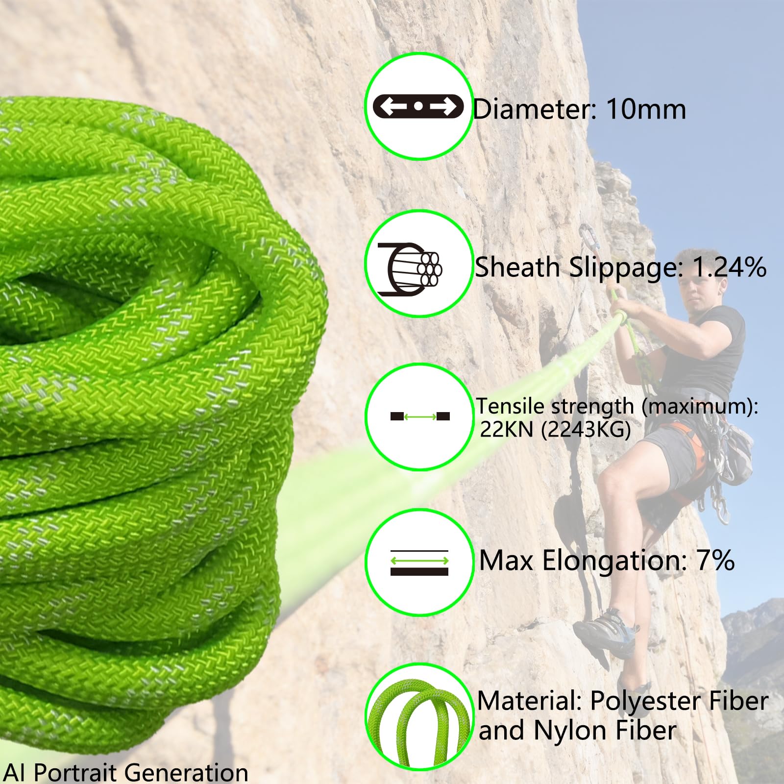 100m Statisches Kletterseil 10mm für Bergsteigen & Rettung, UIAA | Hochfestes Nylon , Abriebfest, UV-beständig, Fluoreszenzgrün, Für Klettern, Rettungseinsätze und Outdoor-Aktivitäten