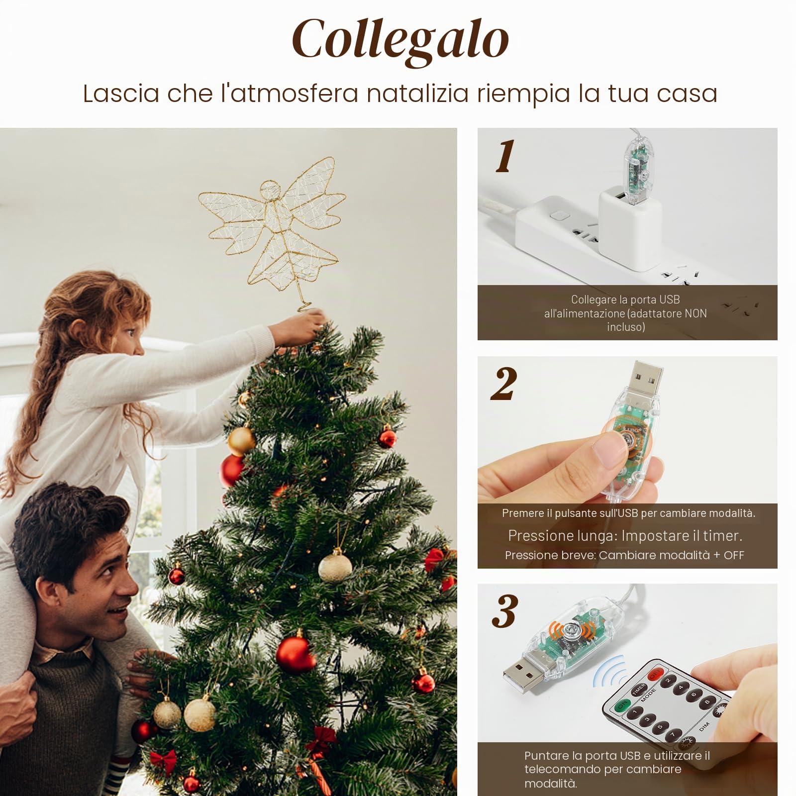 Lewondr Puntale per Albero di Natale a Forma di Angelo, 9,8" Topper con Base a Molla Telecomandato Alimentato da USB con 8 Modalità di Luce, Oro
