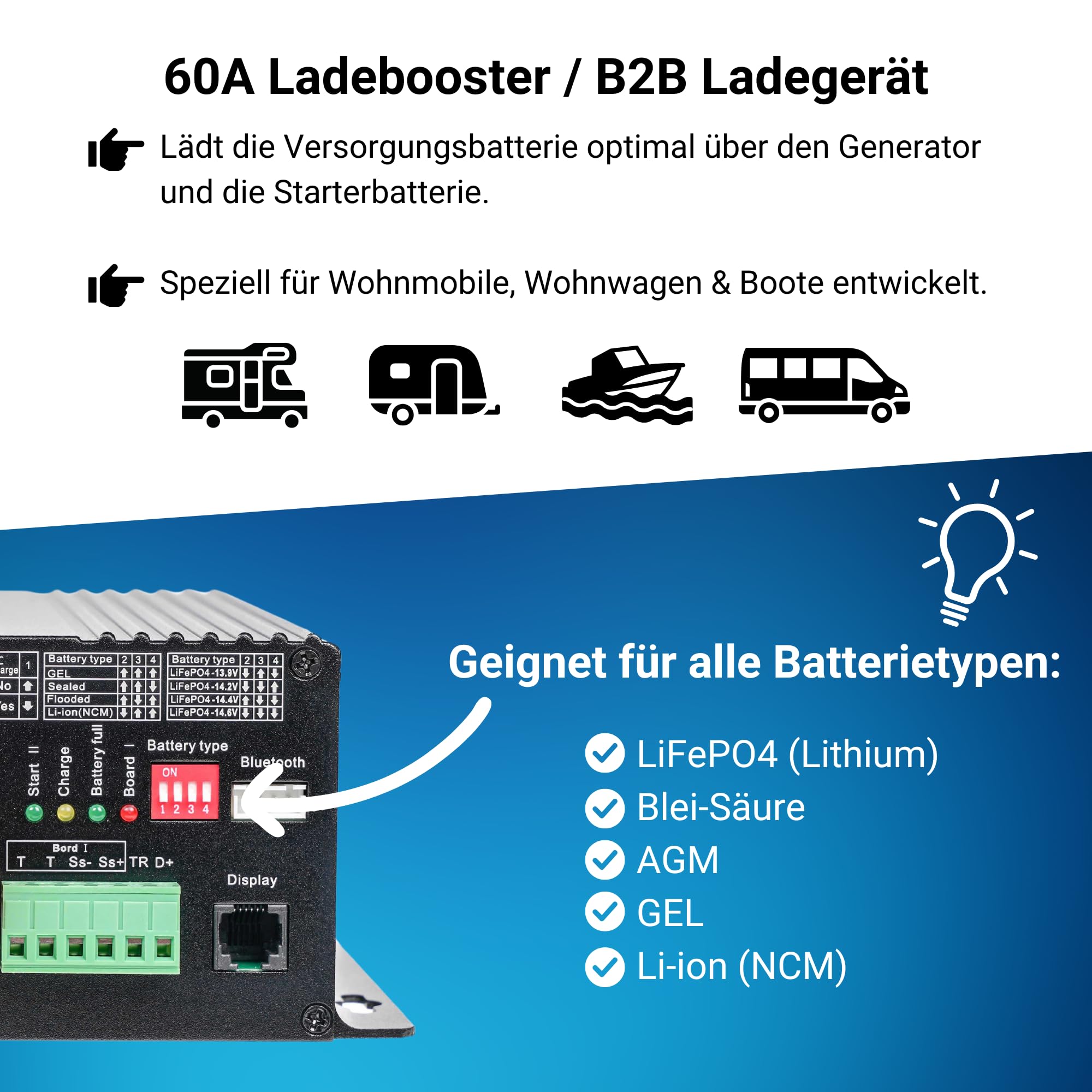 Ladebooster 12V 60A | DC-DC Ladegerät für Aufbaubatterien | Kompatibel mit Lithium, LiFePo4, AGM & Blei | Mit Wake-Up Funktion & Rundumschutz | Für Wohnmobil, Boot & Caravan