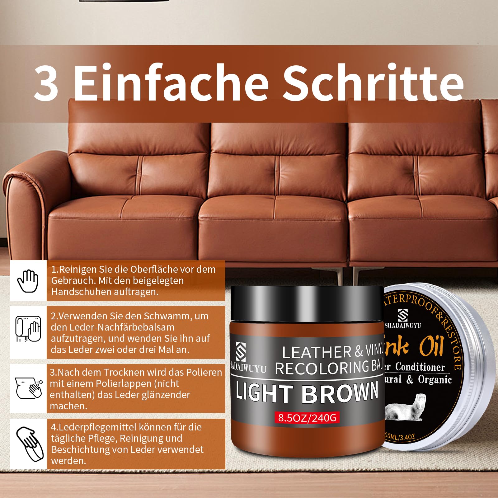 240g Lederpflege Auto mit Lederfett(100ml),Leder Reparatur Set Hellbraun,Flüssigleder,Lederfarbe,Kunstleder Reparaturset zum Reparieren von Sofas,Vinylmöbeln,Autositz bei Verblassen und Kratzer