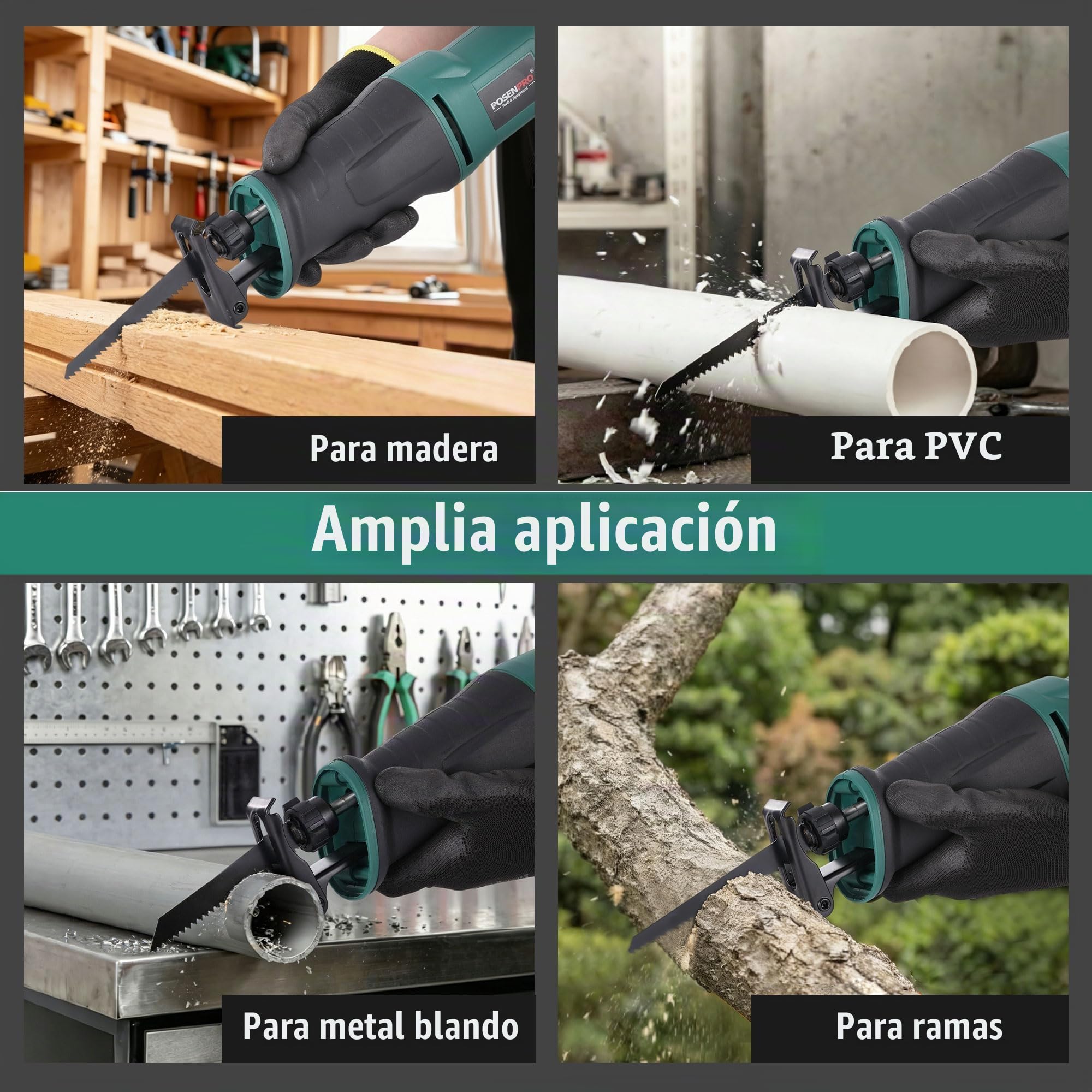 POSENPRO Sierra de Sable 750W, Sierra Eléctrica, 180° mango giratorio, Velocidad variable 0-2800 SPM, Cambio de Hoja sin Herramientas, 4 hojas, Para Cortar Madera, PVC y metal