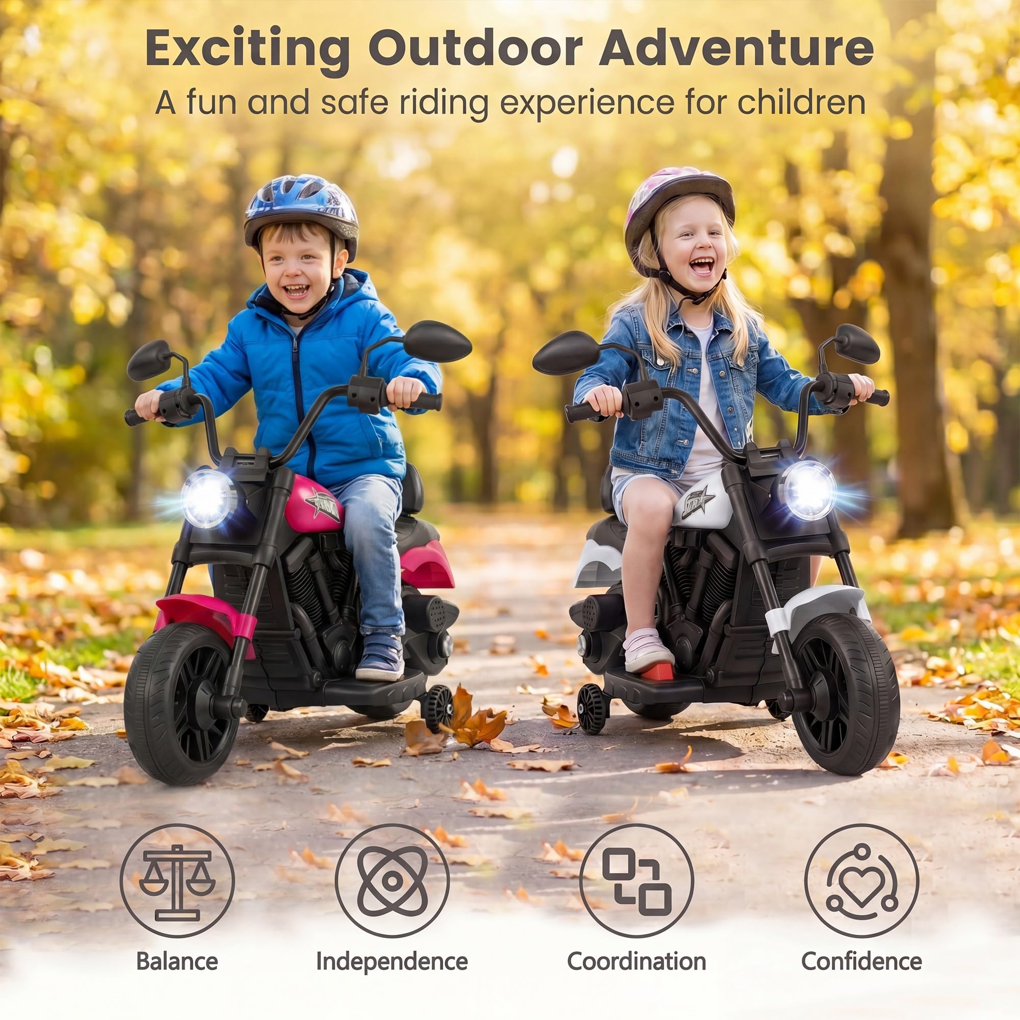 KOMFOTTEU Moto Eléctrica para Niños, Moto de Batería de 6 V con Faro, Música, 2 Ruedas de Entrenamiento y Pedal, Motocicleta Eléctrica con Arranque con un Botón para Niños de 3+ Años (Blanco)
