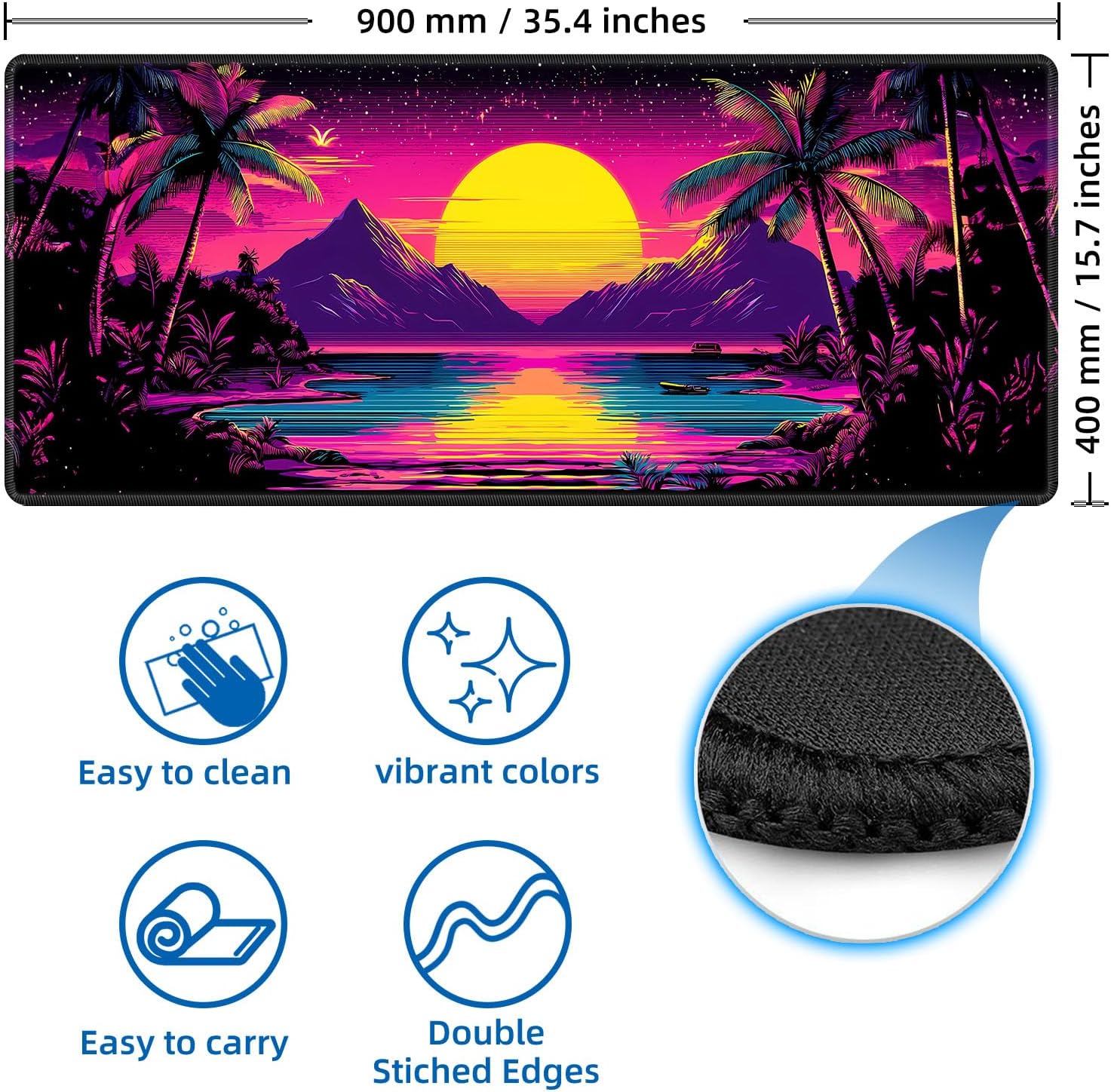 Large Desk Mat with Stitched Edges, Sunset Mountains Palm Trees Office Desk Pad, Anime Gaming Mouse Pad, Extended Keyboard and Mouse Mat,35.4x15.7 inch Waterproof Desk Writing Pad for Office and Home