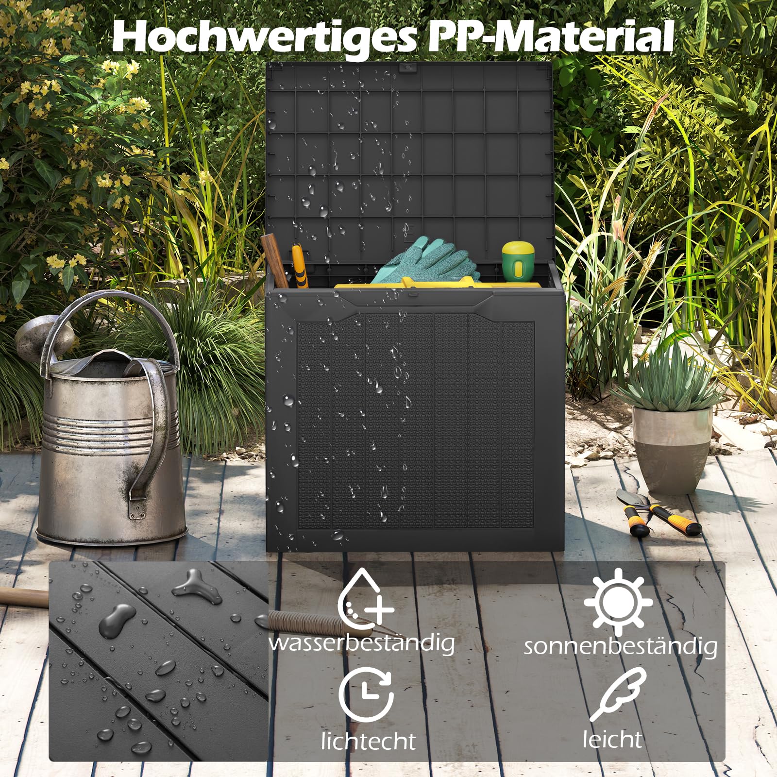 COSTWAY Gartenbox 106L, Auflagenbox mit abschließbarem Deckel & Rattanoptik, Wetterfeste Aufbewahrungsbox, Kissenbox für Poolzubehör, Gartengeräte, Pakete, Gartenmöbel, 56 x 41 x 50,5 cm (Schwarz)