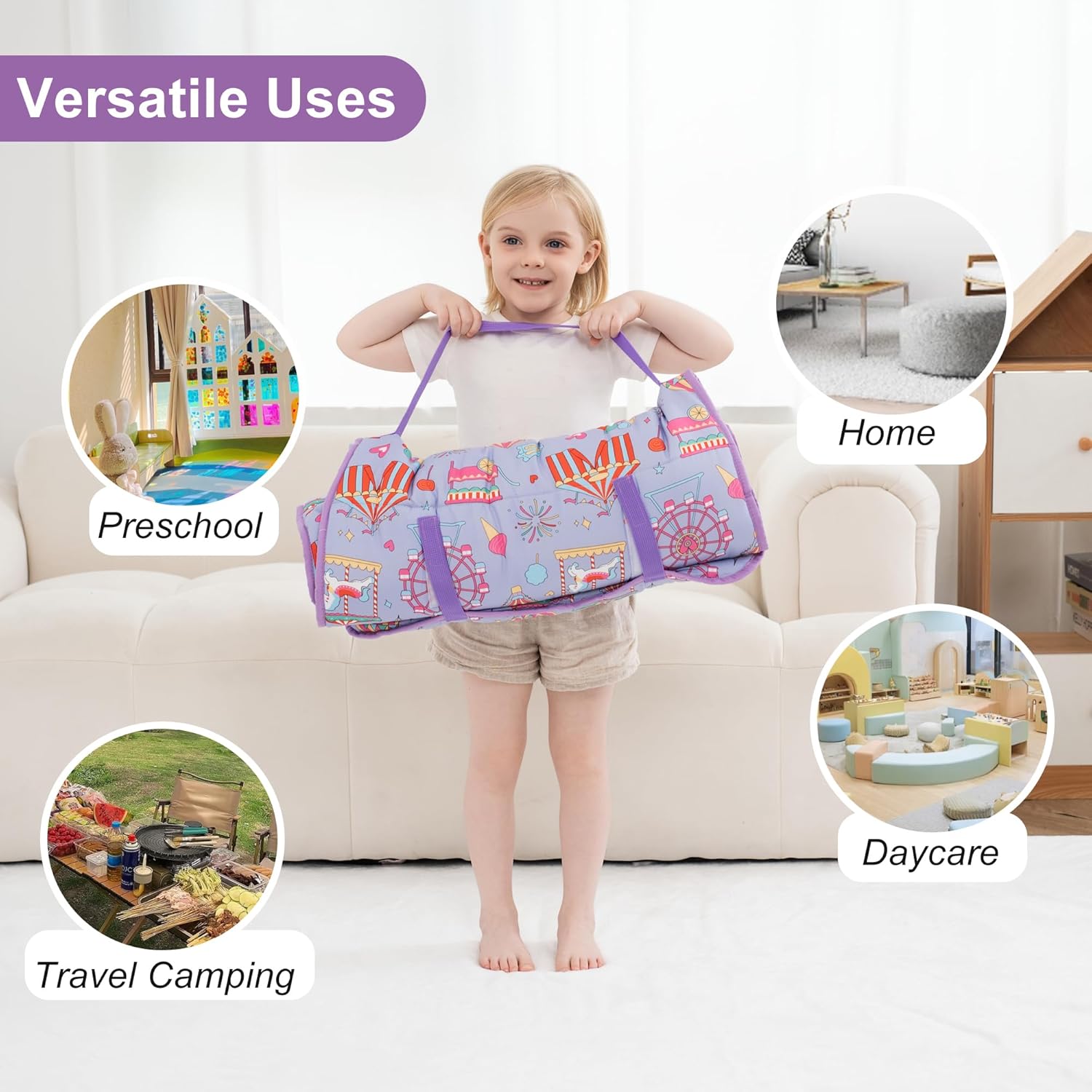 Viviland Toddler Nap Mat, Rolled Sleeping Mats with Pillow and Minky Dot Blanket, Large Thick Kids Girls Slumber Bag/Sleeping Mat for Preschool, Daycare, Kindergarten, Travel Camping - Image 7