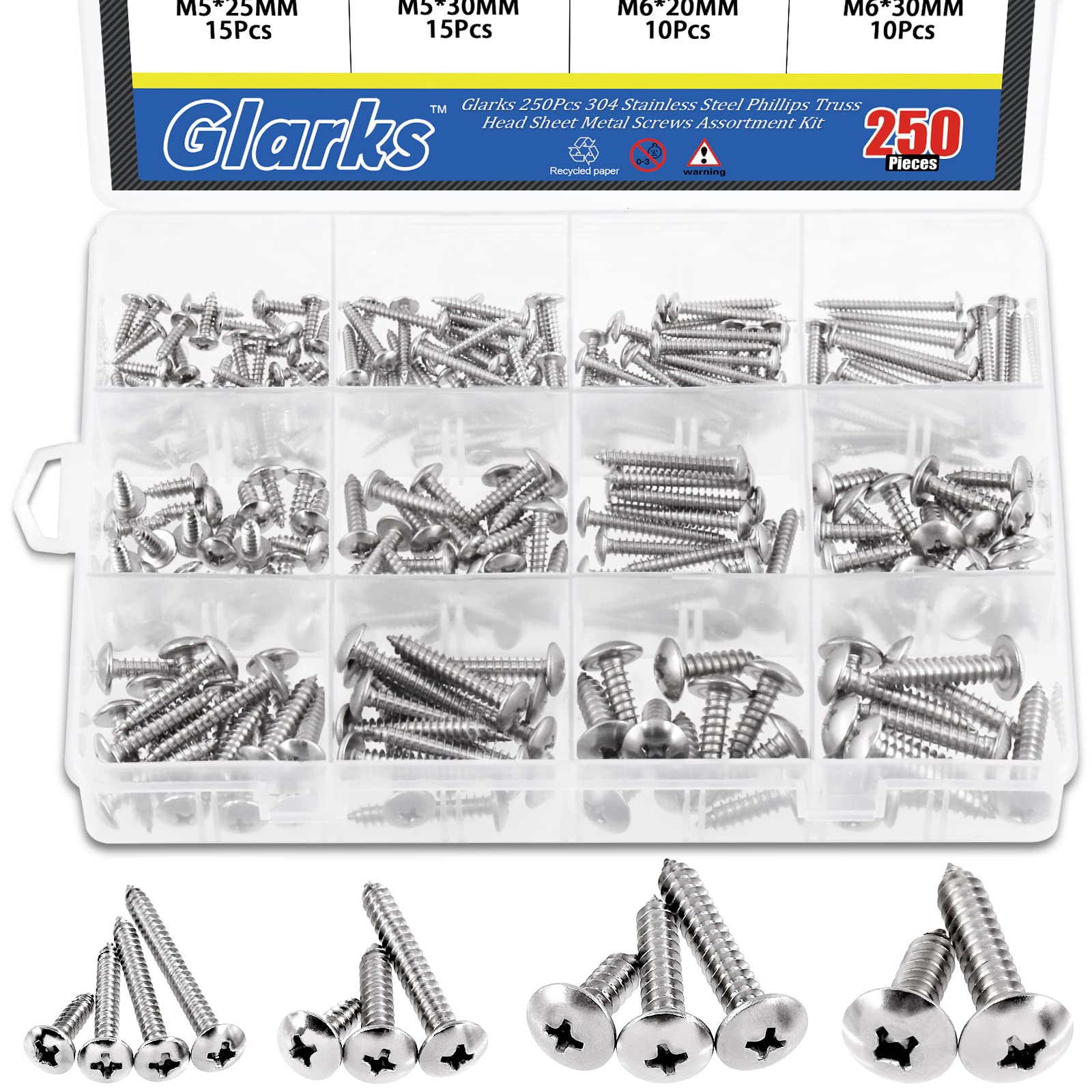 Glarks 250Pcs M3 M4 M5 M6 Metric 304 Stainless Steel Phillips Truss Head Sheet Metal Tek Screws Assortment Kit