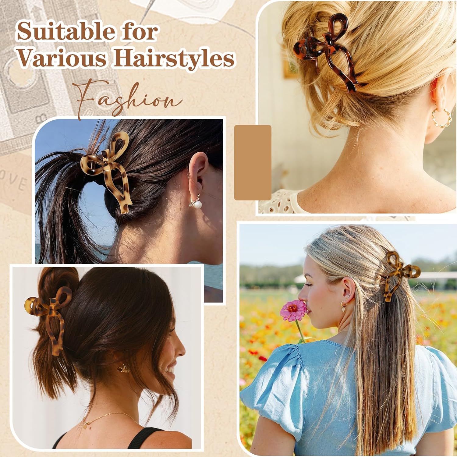 Auseibeely 4 Pcs Bow Claw Clips for Women & Girls, 4.3 Inch Tortoise Shell Cute Bow Hair Clips, Medium Claw Clip for Thick/Thin Hair, Non-Slip Elegant Butterfly Hair Accessories for Gift - Image 5
