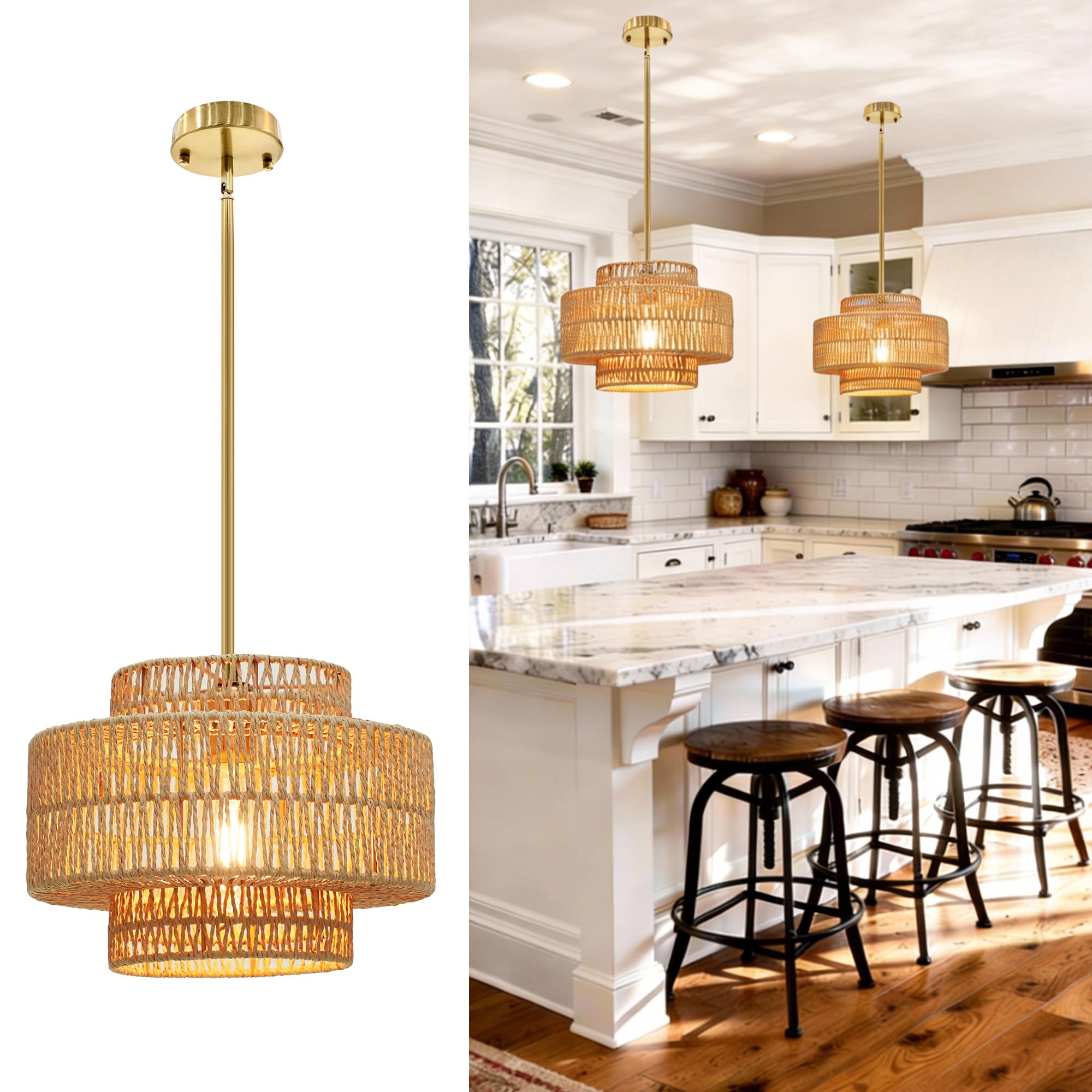 Photo 1 of Phaosio 12.4” Boho Rattan Chandelier, Hand Woven Pendant Light Fixture, 1-Light Farmhouse Hanging Ceiling Light for Dining Room, Kitchen Island, Bedroom, Living Room, Entryway, Foyer