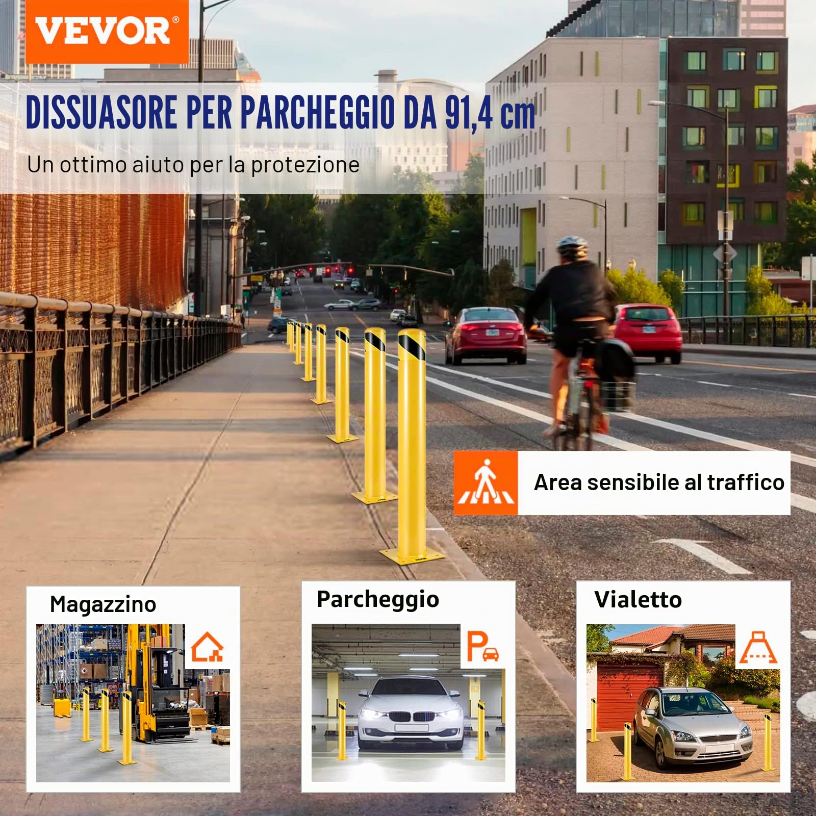 VEVOR Pali di Sicurezza Barriera di Sicurezza 4-1/2", Tubo Giallo con Rivestimento in Polvere Barriera di Sicurezza in Acciaio con 4 Bulloni di Ancoraggio per Traffico