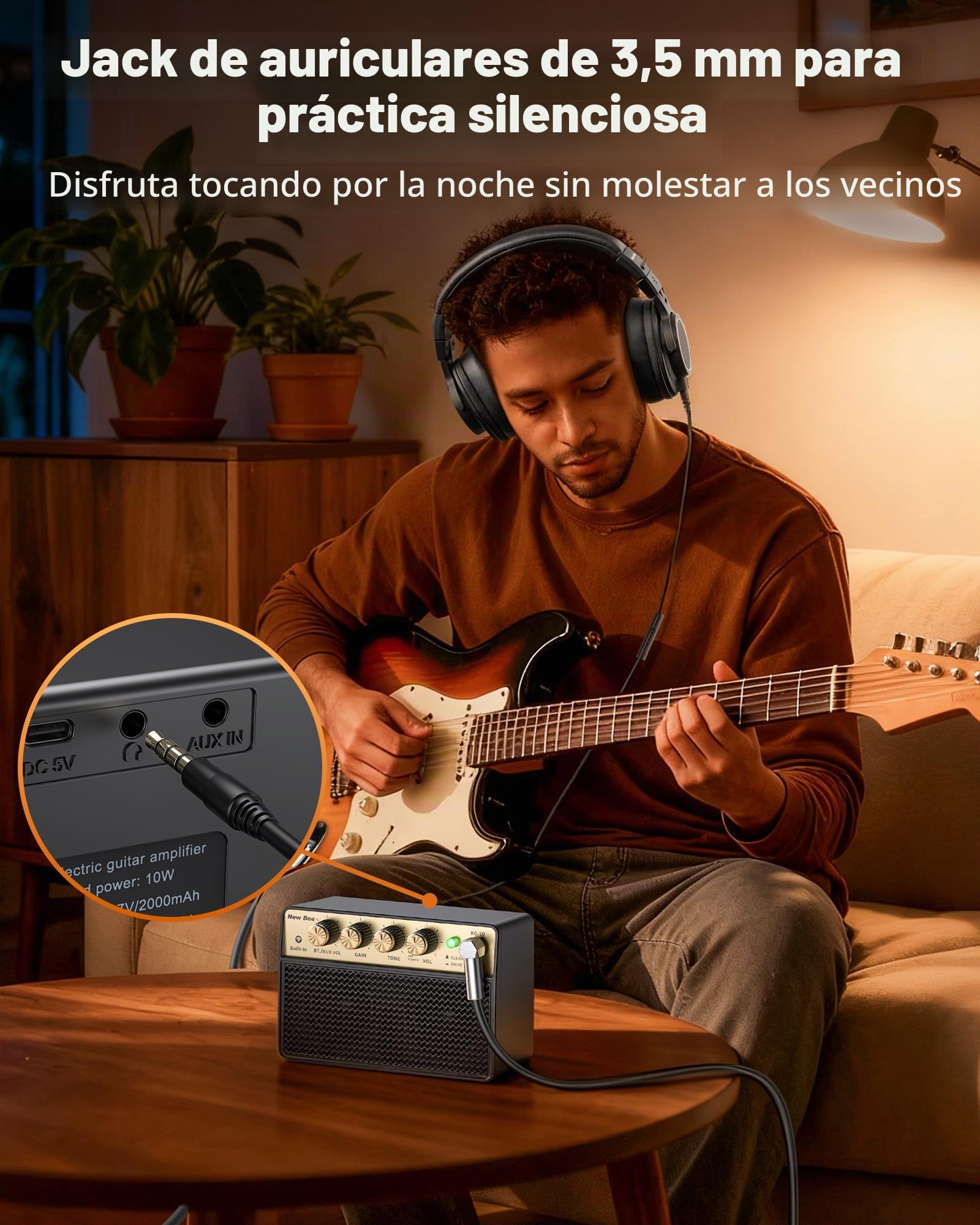 Amplificador Guitarra Electrica Mini Amplificador de Guitarra 10W Portátil Recargable Salida de Auriculares y Bluetooth 5.1, Sonido Limpio y Overdrive para Guitarra Acústica