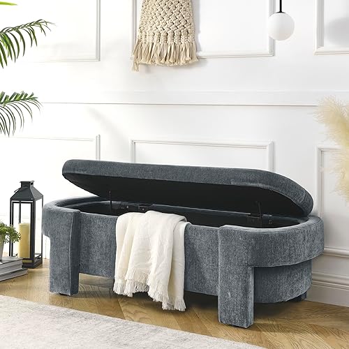 Miniatura 7 de Banco otomano ovalado de almacenamiento para dormitorio, de 51.5 pulgadas de largo, banco de entrada tapizado de felpilla con patas giratorias,