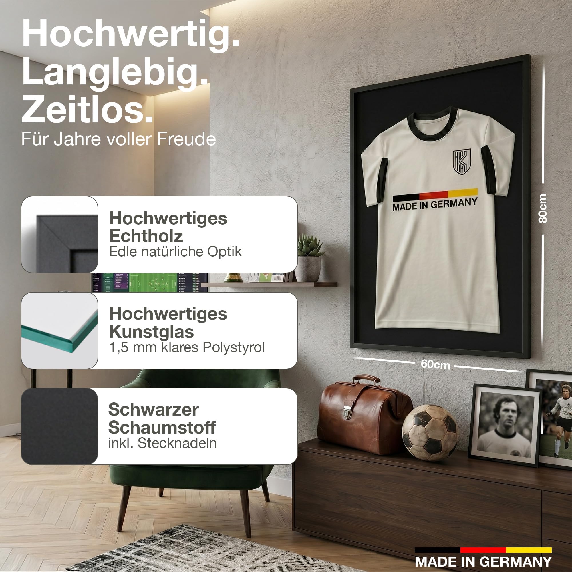 Echtholz Trikot Rahmen Schwarz 60x80 cm - Made in Germany - Trikot Vitrine mit schwarzem Hintergrund und breitem Rahmen - Tiefer Bilderrahmen - Bilderrahmen zum befüllen groß - Trikotvitrine
