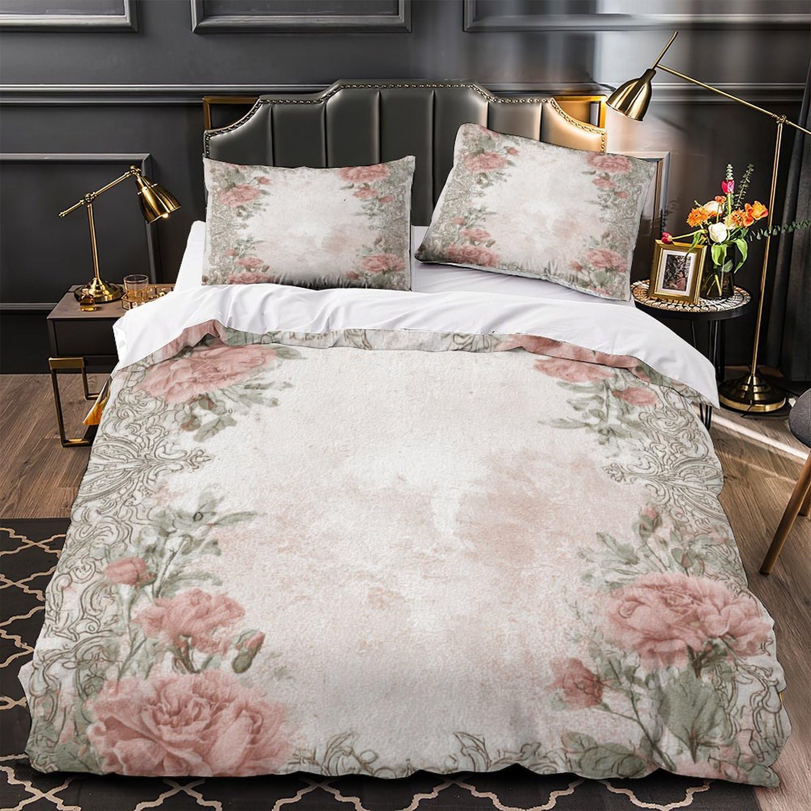 Parure de lit king 220x240cm en microfibre 3D à motif floral roses vintage avec housse de couette