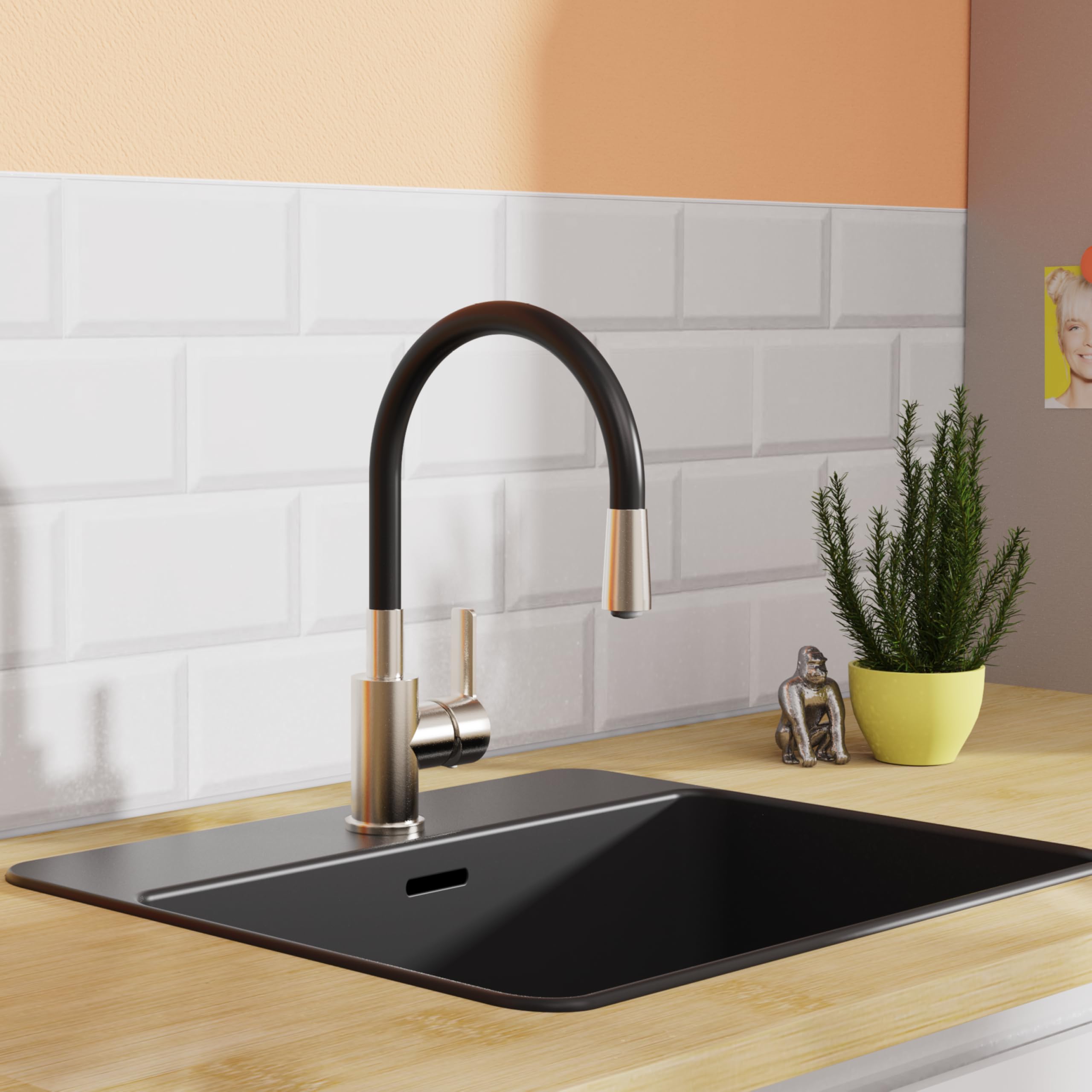 EISL Flexo NI186FLNIB Robinet d'évier de cuisine flexible en acier inoxydable/noir, bec haut avec tuyau doux au toucher, orientable à 360 degrés, économie d'eau