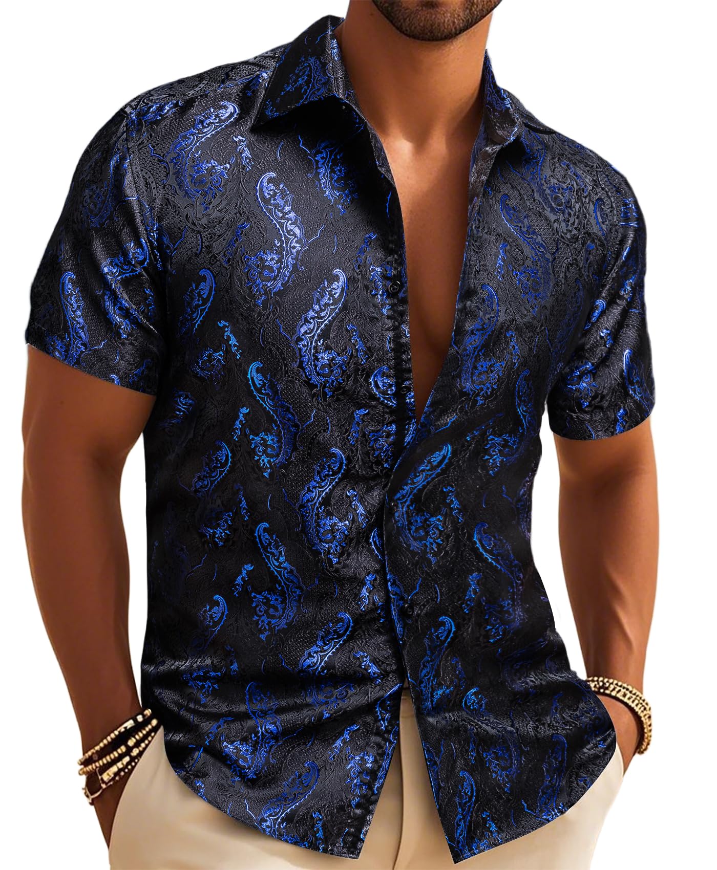 Men's Silk Shirt Paisley Floral Jacquard Short Sleeve Button Down Dress Shirts Formal Casual Wedding Party