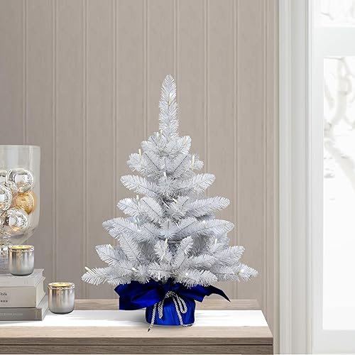 Miniatura 4 de Puleo International Árbol de Navidad artificial preiluminado de 2 pies con 35 luces en saco azul, blanco