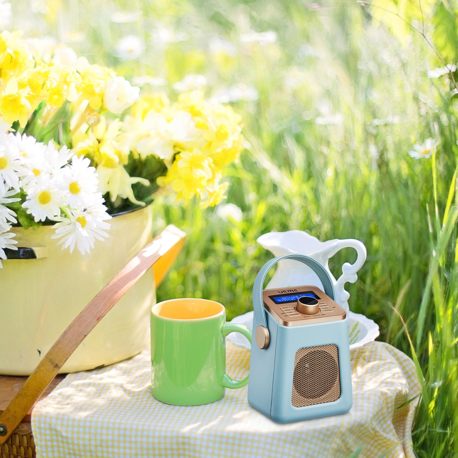 Mini DAB+ DAB Digitalradio und UKW Radio mit Bluetooth Lautsprecher, Radiowecker, und Leder Verkleiden (Blau)
