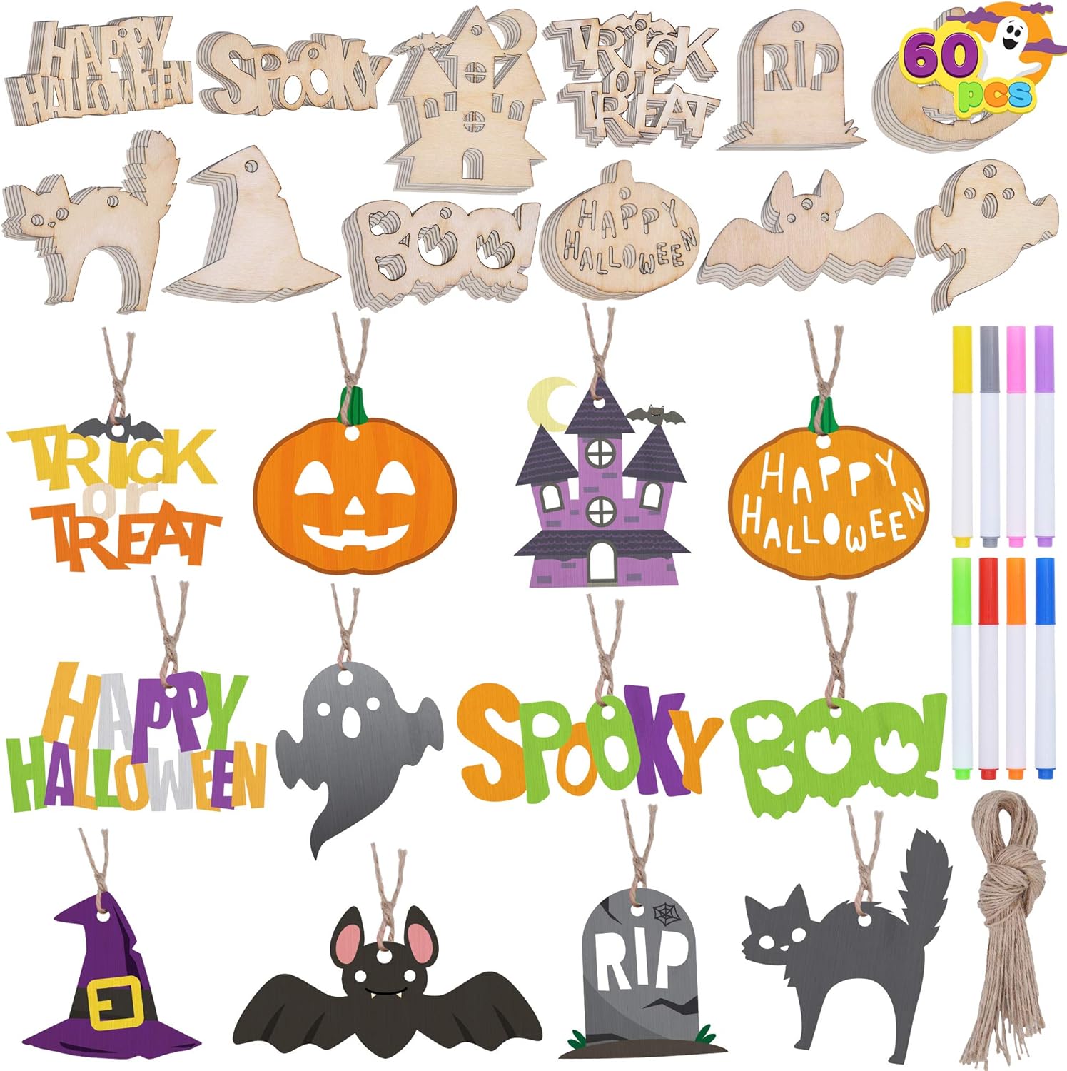 JOYIN 60 Pcs Halloween Wooden DIY Arts & Crafts Kit, Halloween Wood Blank Cutouts Ornaments Make Your Own Gift Tags Decorations for Kids Homeschool Learning, Family Activities Party Favor Supplies JOYIN 60 Pcs Halloween Wooden DIY Arts & Crafts Kit, Halloween Wood Blank Cutouts Ornaments Make Your Own Gift Tags Decorations for Kids Homeschool Learning, Family Activities Party Favor Supplies