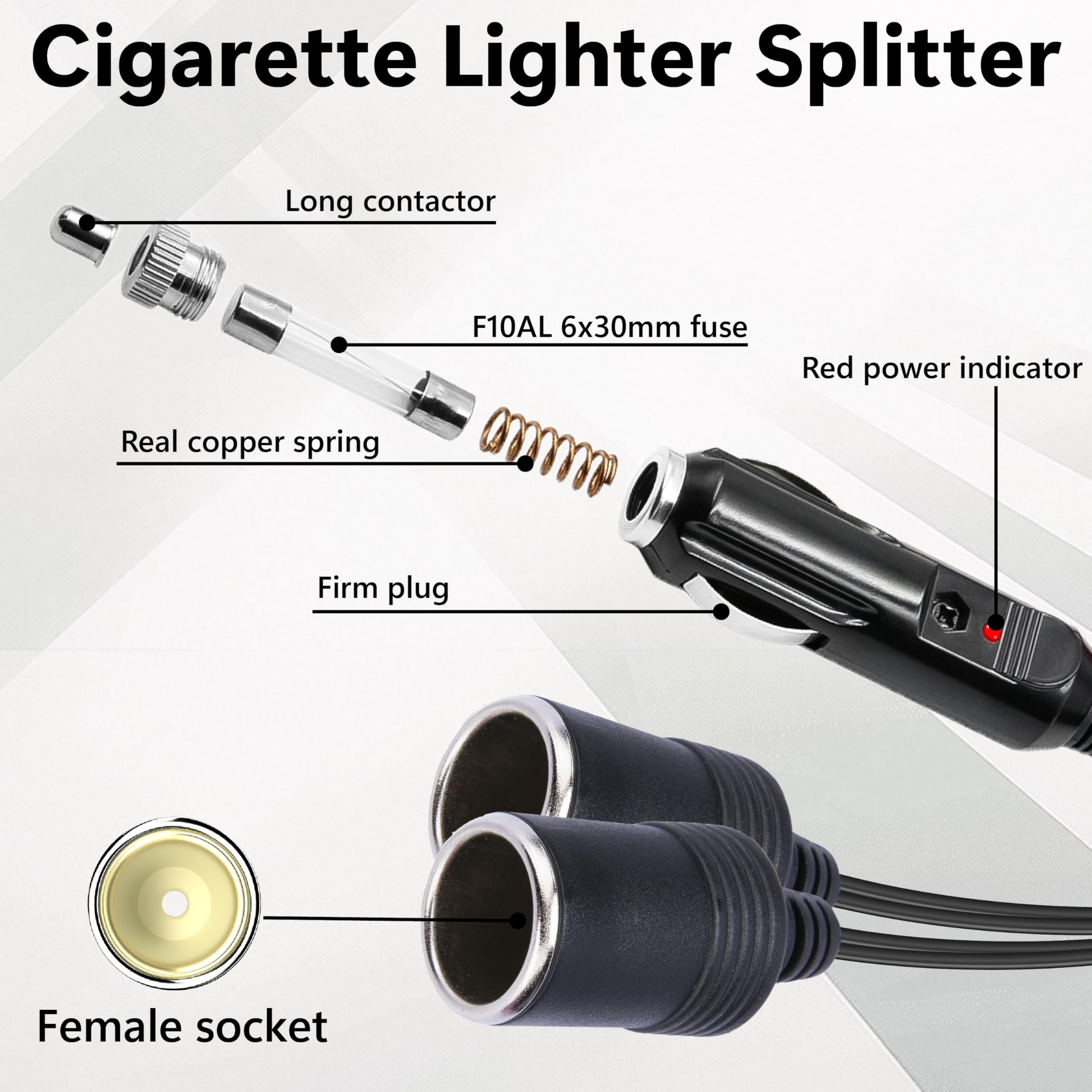 Adaptateur double allume-cigare 12 V, 1 à 2 prises allume-cigare, 2 prises, cordon d'extension double allume-cigare 18 AWG avec fusible 10 A, répartiteur de chargeur de voiture