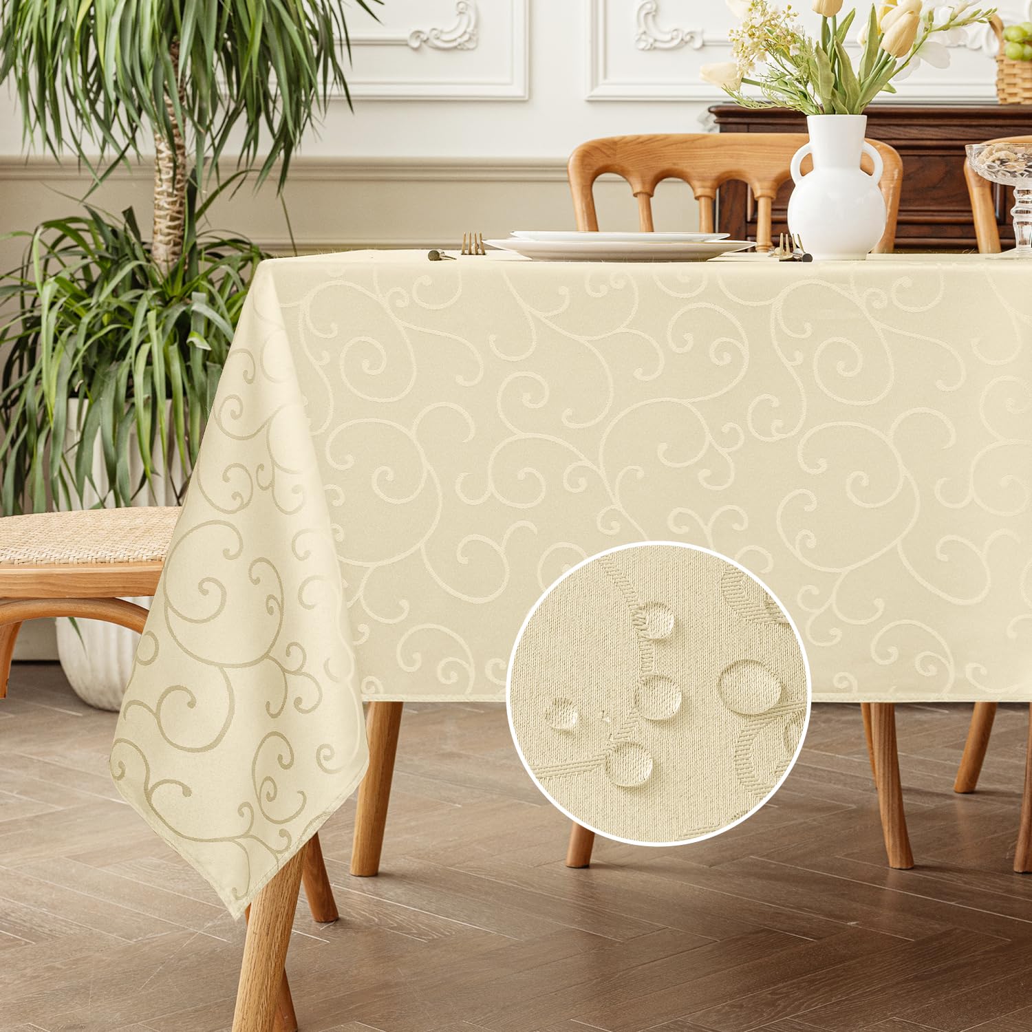 Romanstile Nappe Beige Rectangulaire 150x350 cm Blanche Jacquard Anti Tache, Lavable Décoration de Table pour Printemps, Pâques, Extérieurs, Jardin, Anniversaires, Mariage, Fête, Buffet