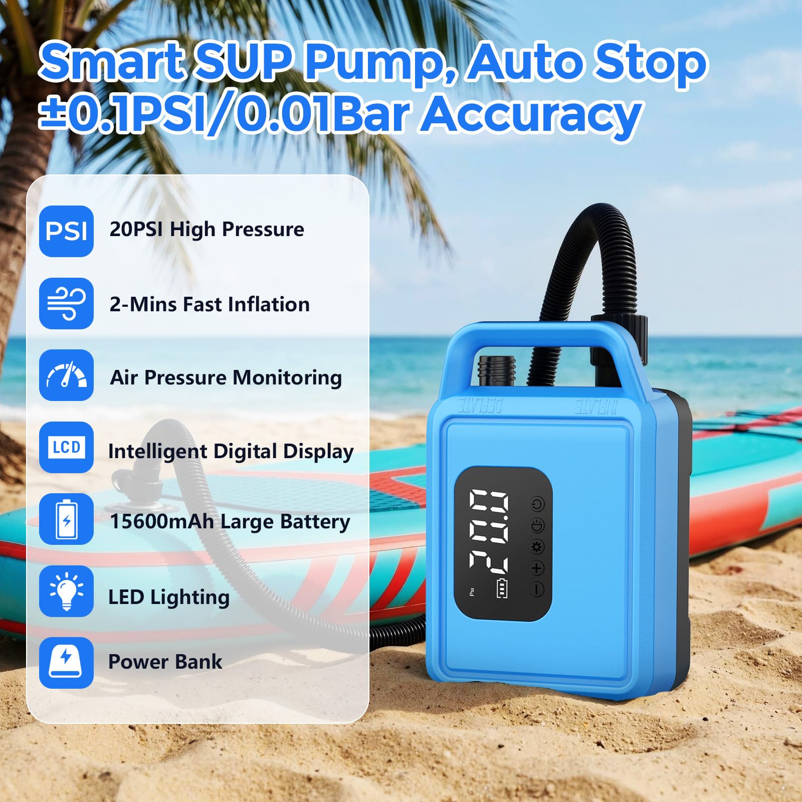 Pompa elettrica SUP 20 PSI Pompe ad aria con batteria ricaricabile da 15600 mAh Intelligente Inflazione/Deflazione Precisione fino a 0,01 bar Spegnimento automatico per tavole SUP kayak