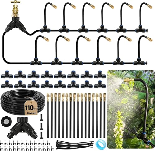 110Ft Drip Irrigation System, 2026-Upgrade Garden Watering Kit with 16 Adjustable Copper Rotating Arm Nozzles, 360° Flexible Spray Irrigation Kit for Raised Beds, Lawn, Greenhouse