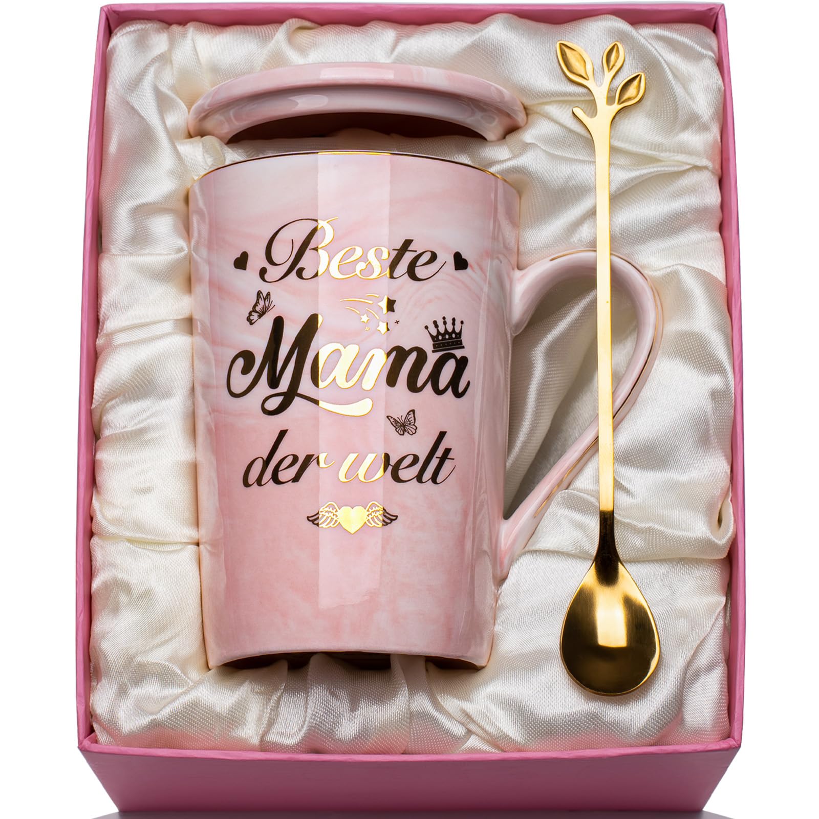 Muttertagsgeschenk Mama Geschenk, Geburtstagsgeschenk für Mama, Beste Mam-a der Welt Tasse Geschenke für Mama, 400ml Rosa Marmor Keramiktasse Muttertag Geschenk mit Deckel Löffel, Geschenkbox