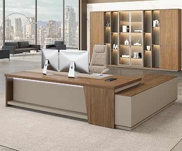 79" L-Shaped Executive Desk with Drawers, Modern Large Office Desk with Power Outlets, LED Lighting, Privacy Panel & Storage Shelves, Workstation for Home or Business Champagne & Beige, Left Return