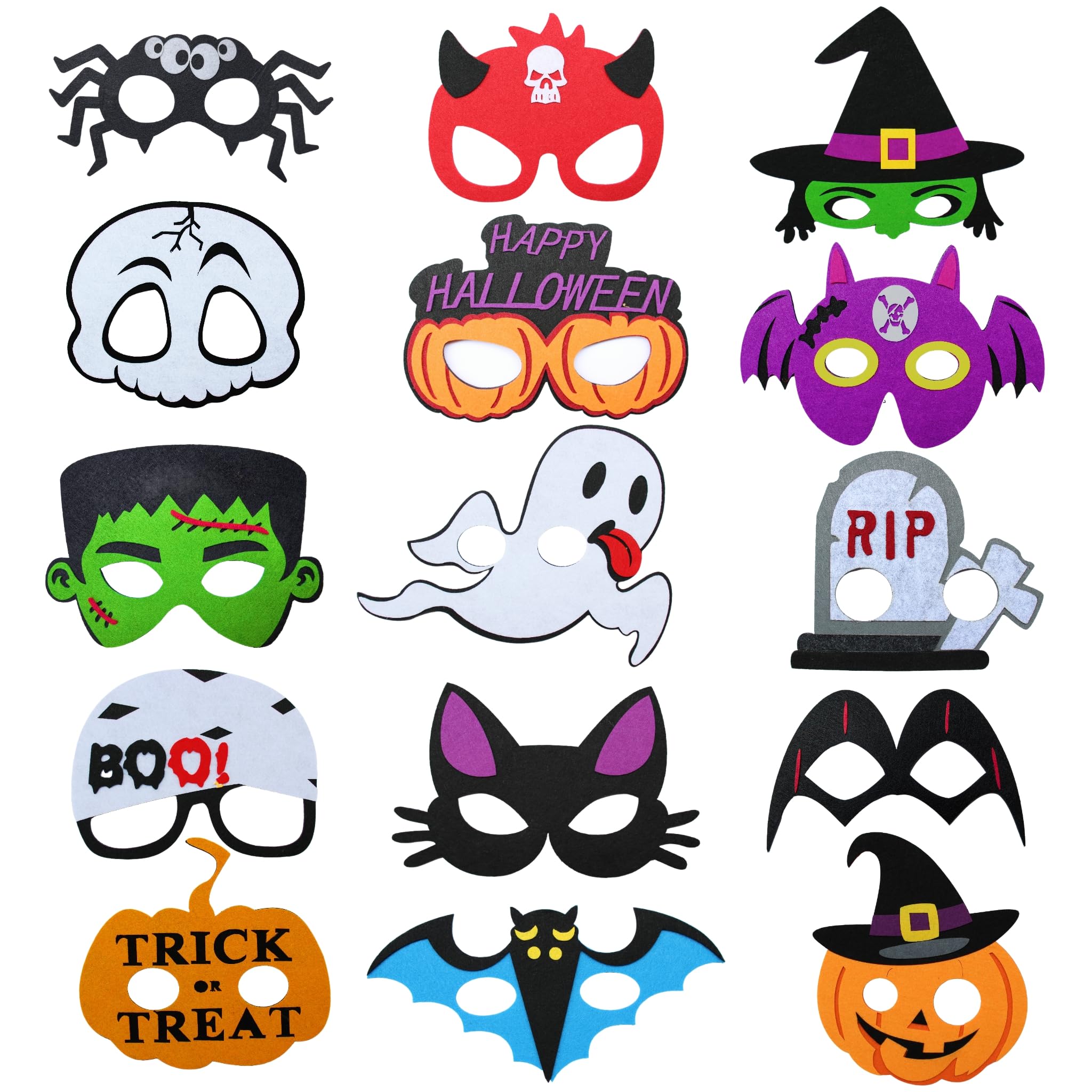 Best Comfortable Halloween Masks Kids Will Actually Wear 4 WOLHOWLTD 15 piece felt Halloween masks — cat, witch, pumpkin, vampire, ghost and skull soft felt face masks