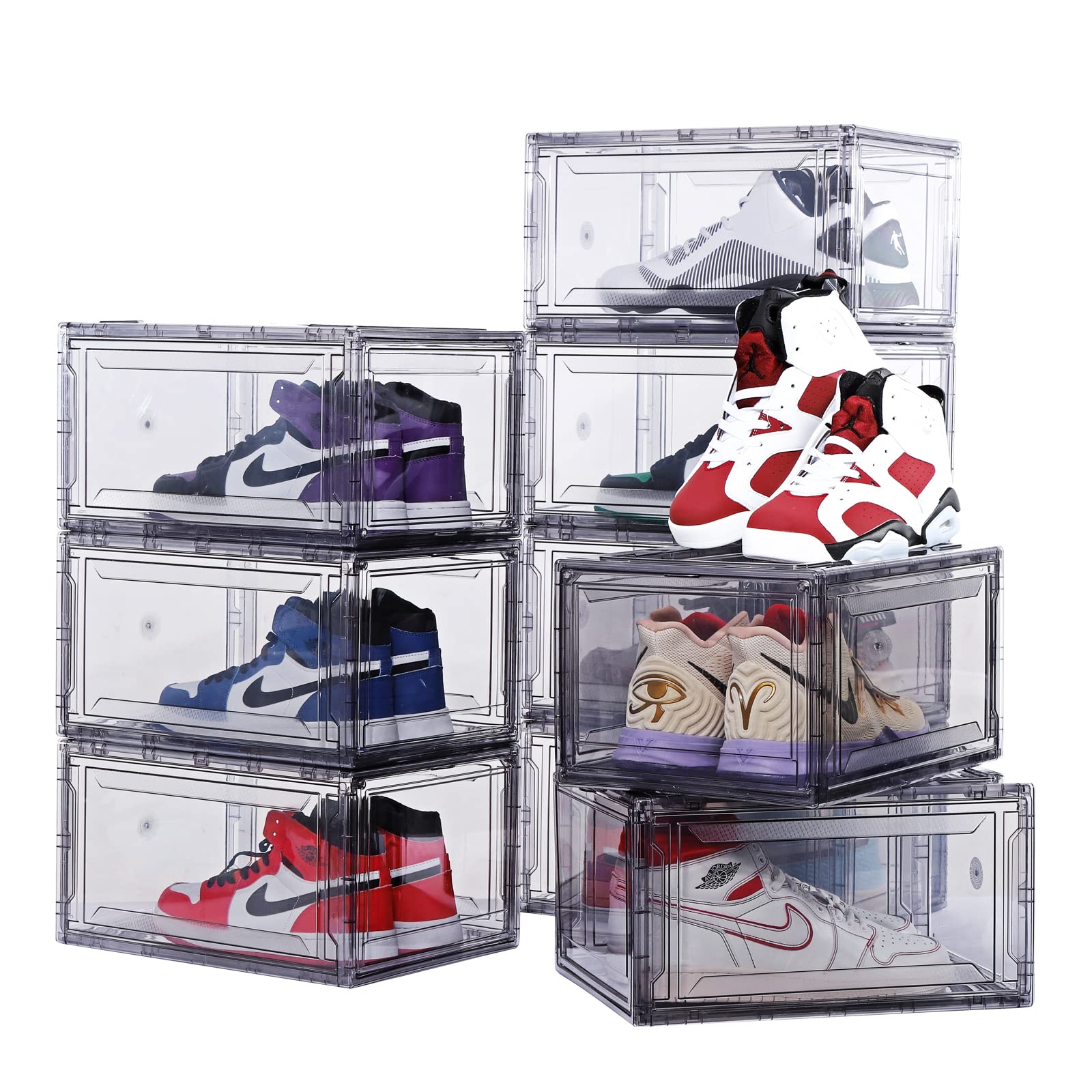 12 Pack Shoe Boxes, Clear Acrylic Plastic Shoe Boxes Stackable, Space-Saving Foldable Drop Front Shoe Storage Boxes Container for With Lids Fits Up to Size 14 (Black)