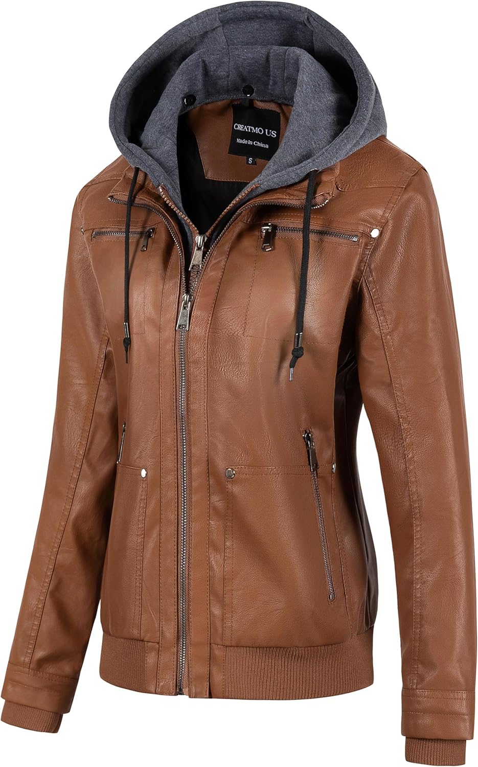 CREATMO US Women's Faux Leather Jacket Waterproof Motorcycle Bomber Jacket Vintage PU Moto Biker Coat With Removable Hood - Image 2