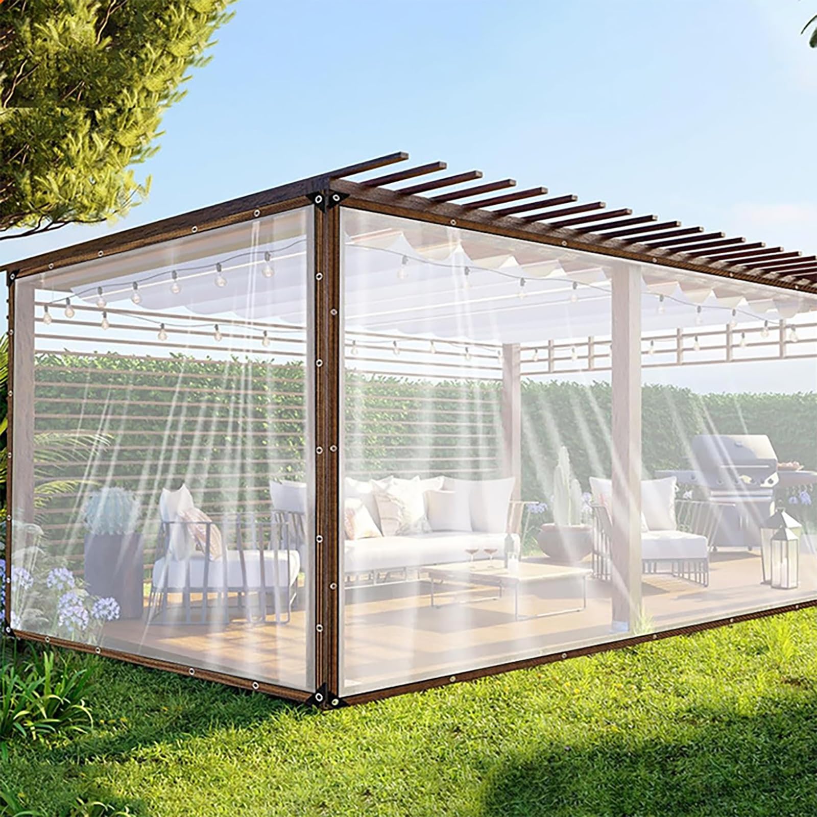 Wytrzymałe przezroczyste wodoodporne plandeki na zewnątrz. 2 x 3 m, 2 x 4 m, 2 x 4,9 m, plandeka przezroczysta na patio, przezroczysta plastikowa plandeka do ogrodu na zimę (5 x 8 m)