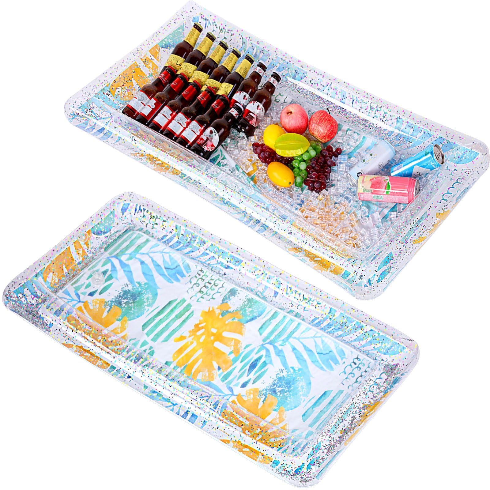 2 unidades de enfriador inflable de buffett con purpurina de 49.2 x 24.8 x 4.7 pulgadas, enfriador de alimentos con un tapón de drenaje, bandeja inflable de barra con confeti de purpurina para