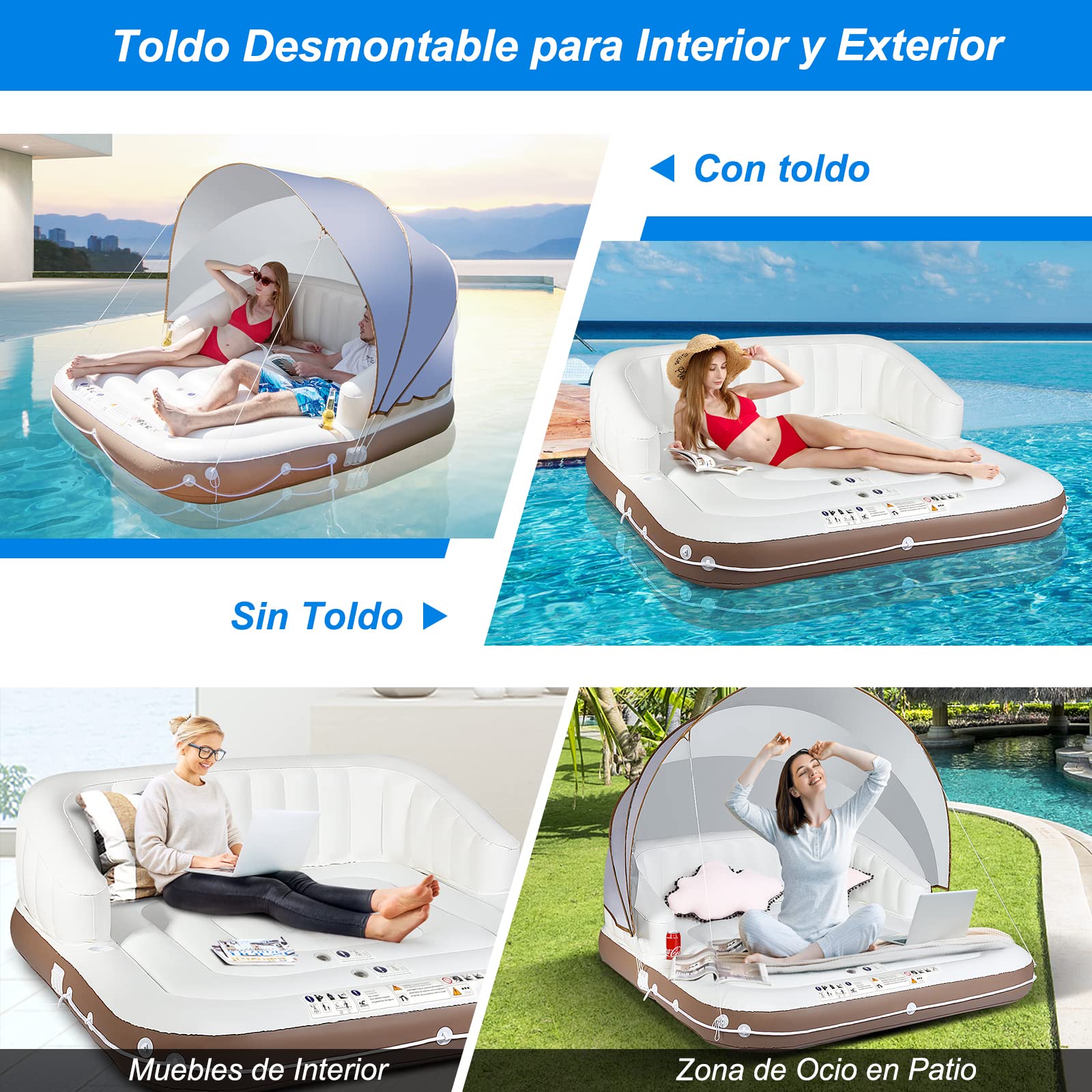 COSTWAY Isla Hinchable con Toldo para 2 Adultos, Toldo Retráctil y Removible, 2 Portavasos, Flotador de Piscina Interior y Exterior con Protección UPF50+, Soporta hasta 200 kg