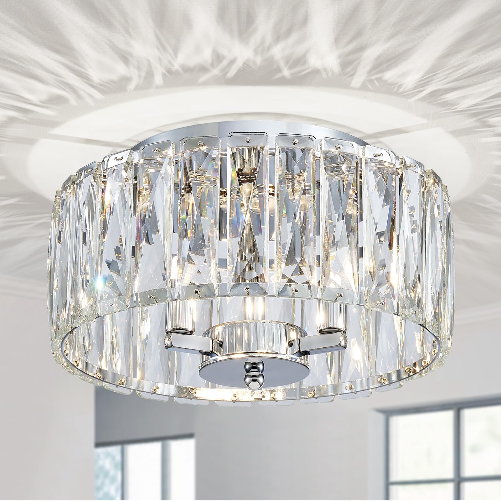 Chome - Lámpara de techo empotrada adecuada para sala de estar, comedor, pasillo, 11.8 pulgadas de profundidad x 6.1 pulgadas de alto, 3 enchufes G9, marco de acabado cromado y cristal K9