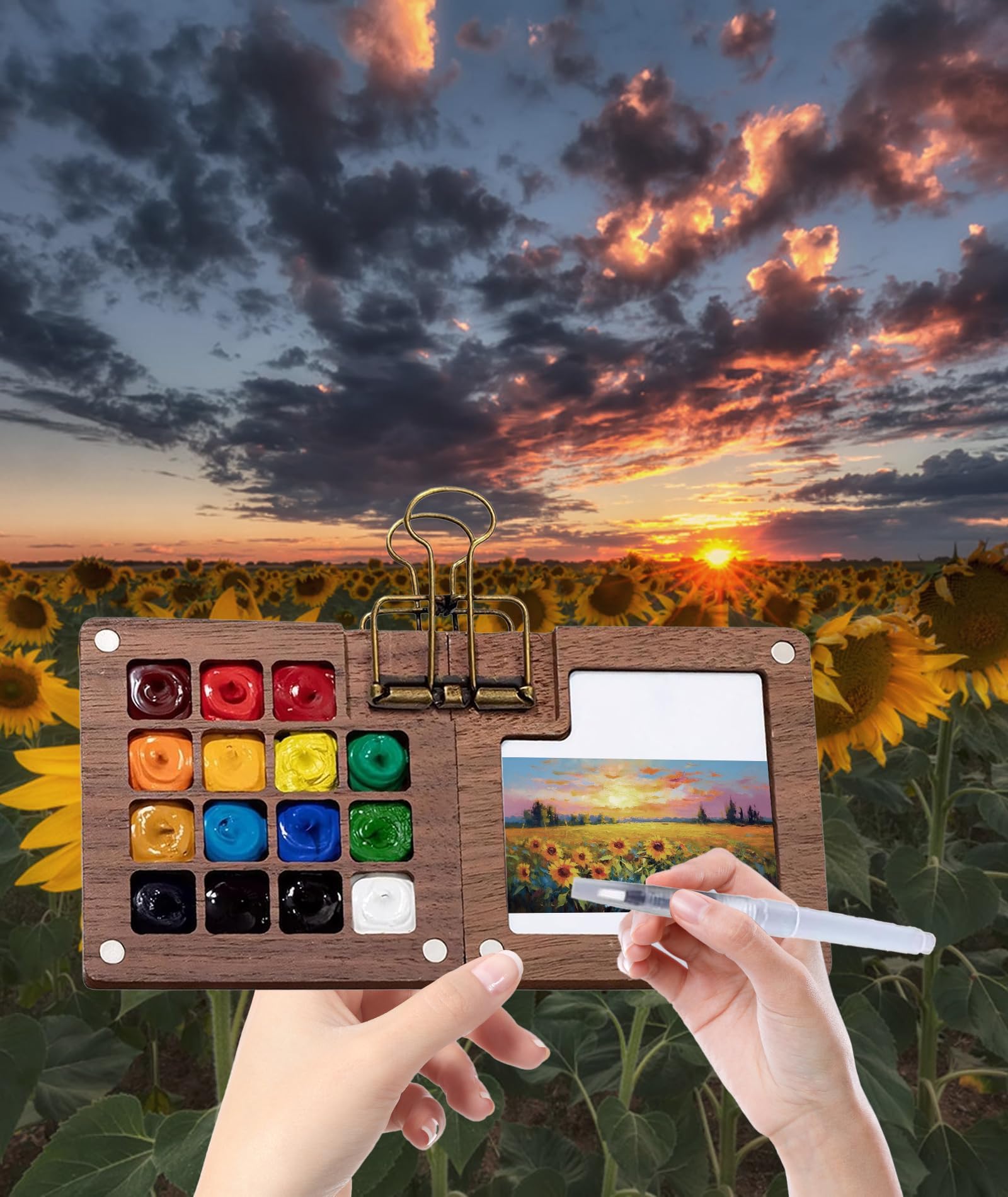 Mini Travel Watercolor Set - 18 Colors, Wooden Palette, Sketchbook & Brushes, Portable Art Kit For Artists (Pink)