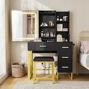 GarveeHome Vanity Desk with Mirror and Lights, Makeup Vanity Desk with Sliding LED Lighted Mirror, Power Outlet, Makeup Vanity Set with 4 Drawers, Storage Shelves, Cushioned Stool for Bedroom (Black)